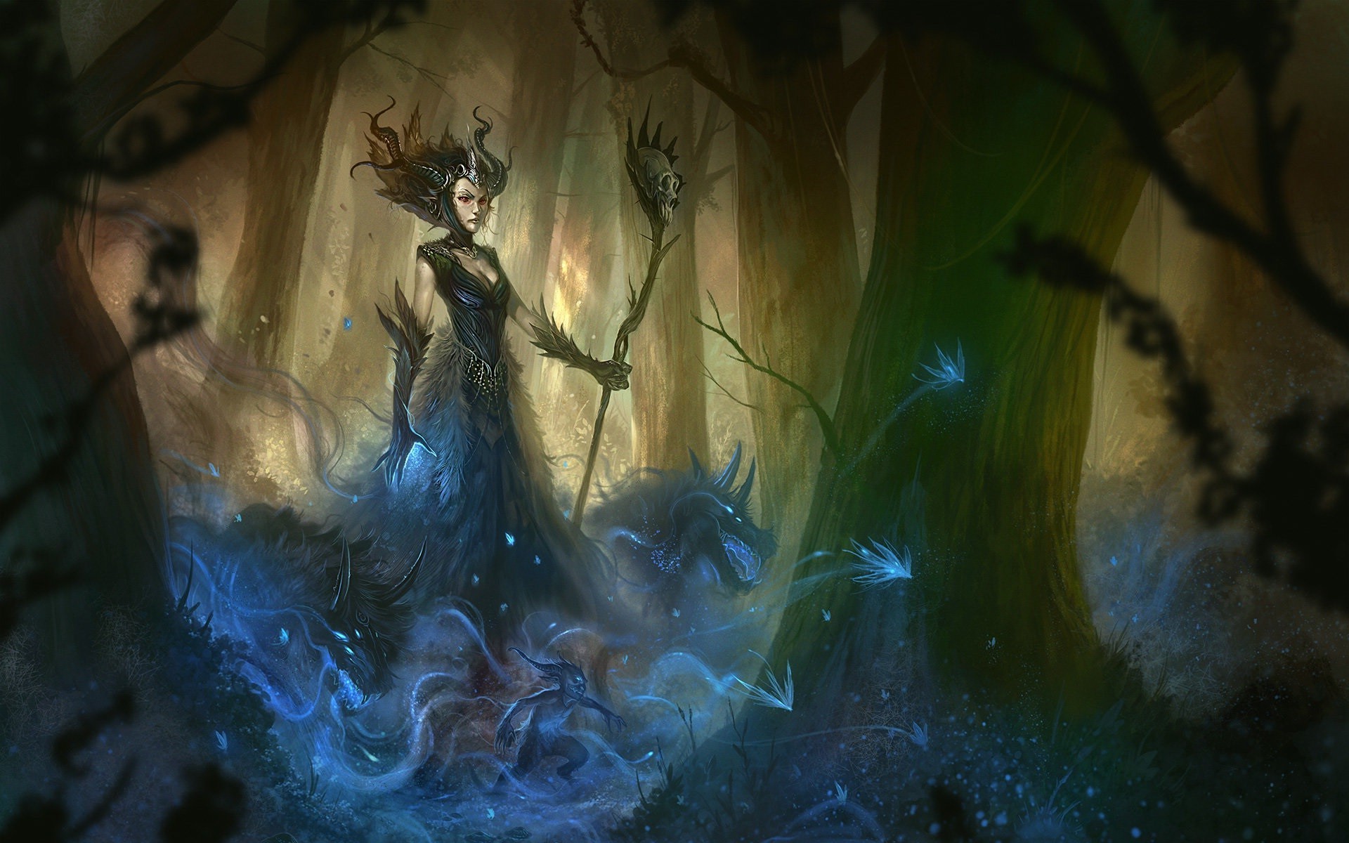 Fantasy art of a witch in a dark forest HD Wallpaper