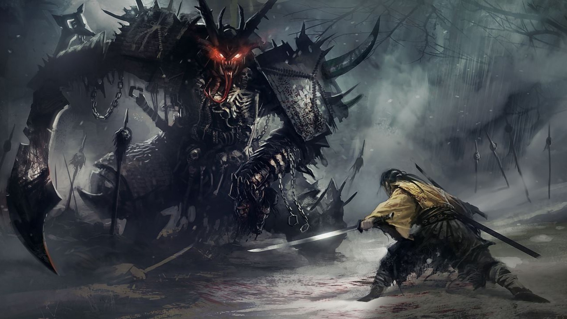 Samurai fighting a demonic monster in a snowy forest HD Wallpaper