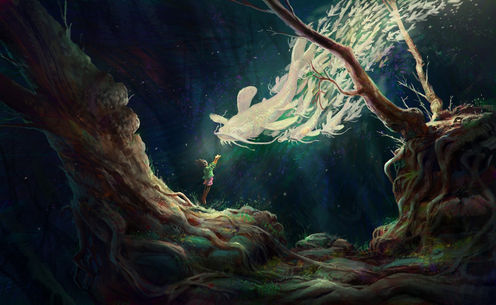 Girl reaching for a luminous spirit fish in a dark forest HD Wallpaper