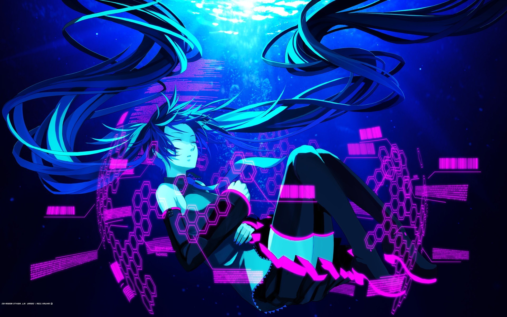 Hatsune Miku from Vocaloid underwater with digital interface HD Wallpaper