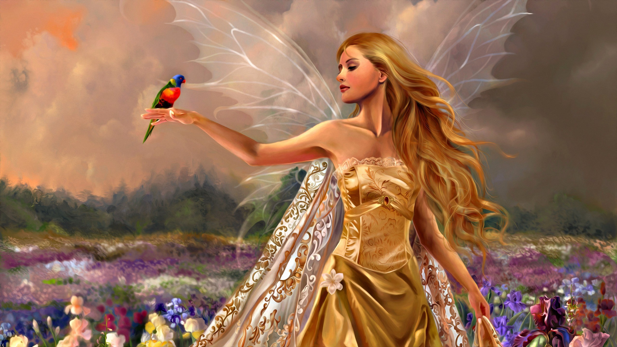 Fairy with a parrot in a flower field HD Wallpaper