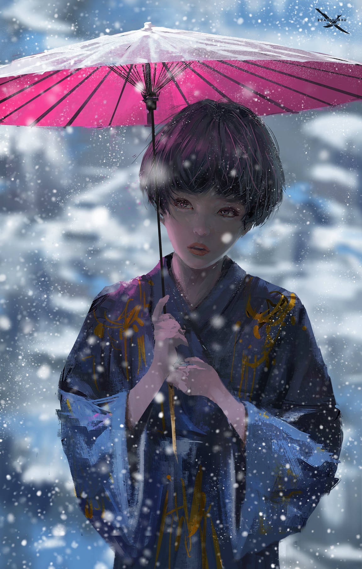 Girl in Kimono Holding Umbrella in Snow HD Wallpaper