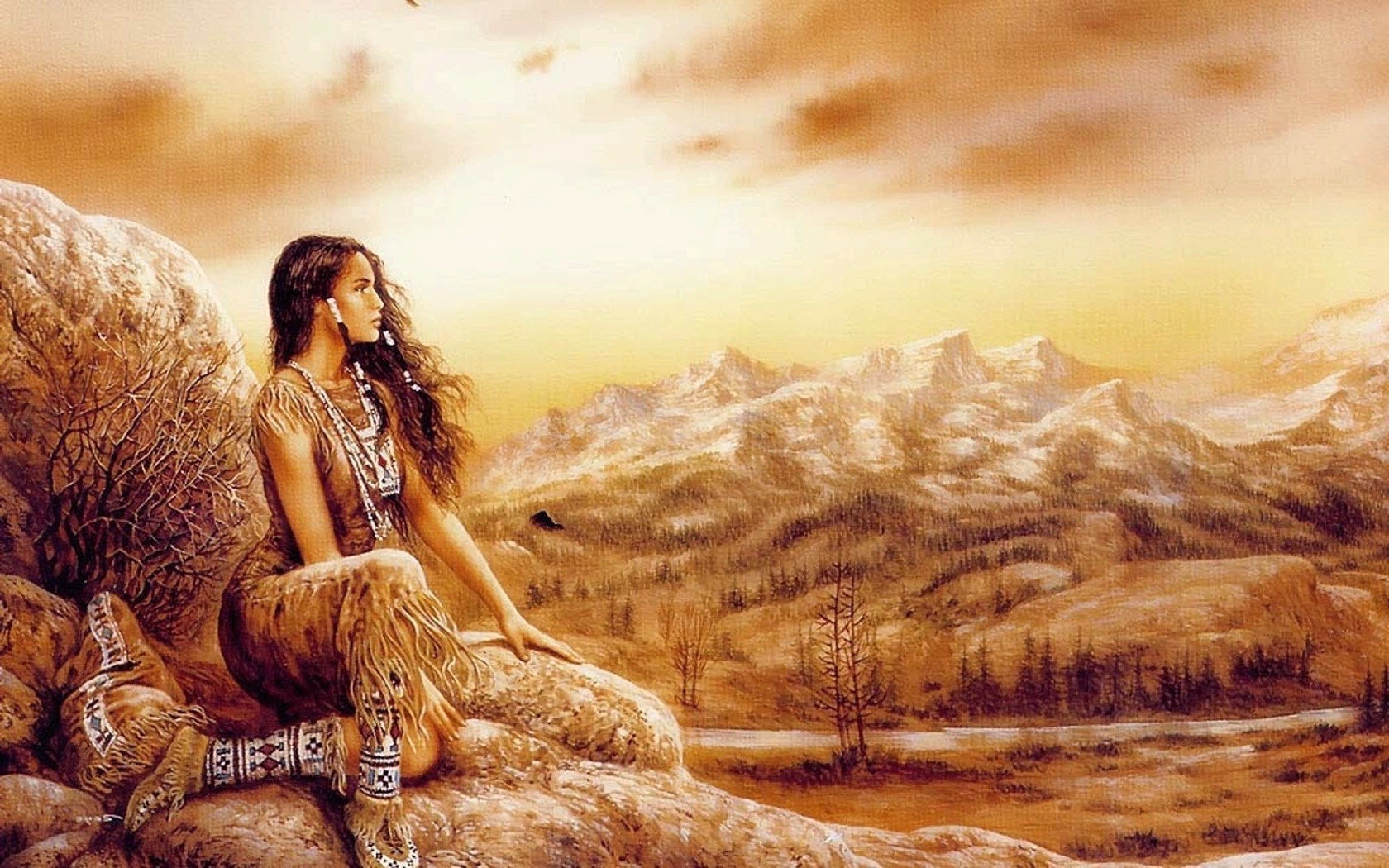 Serene Native Woman in Mountain Landscape HD Wallpaper