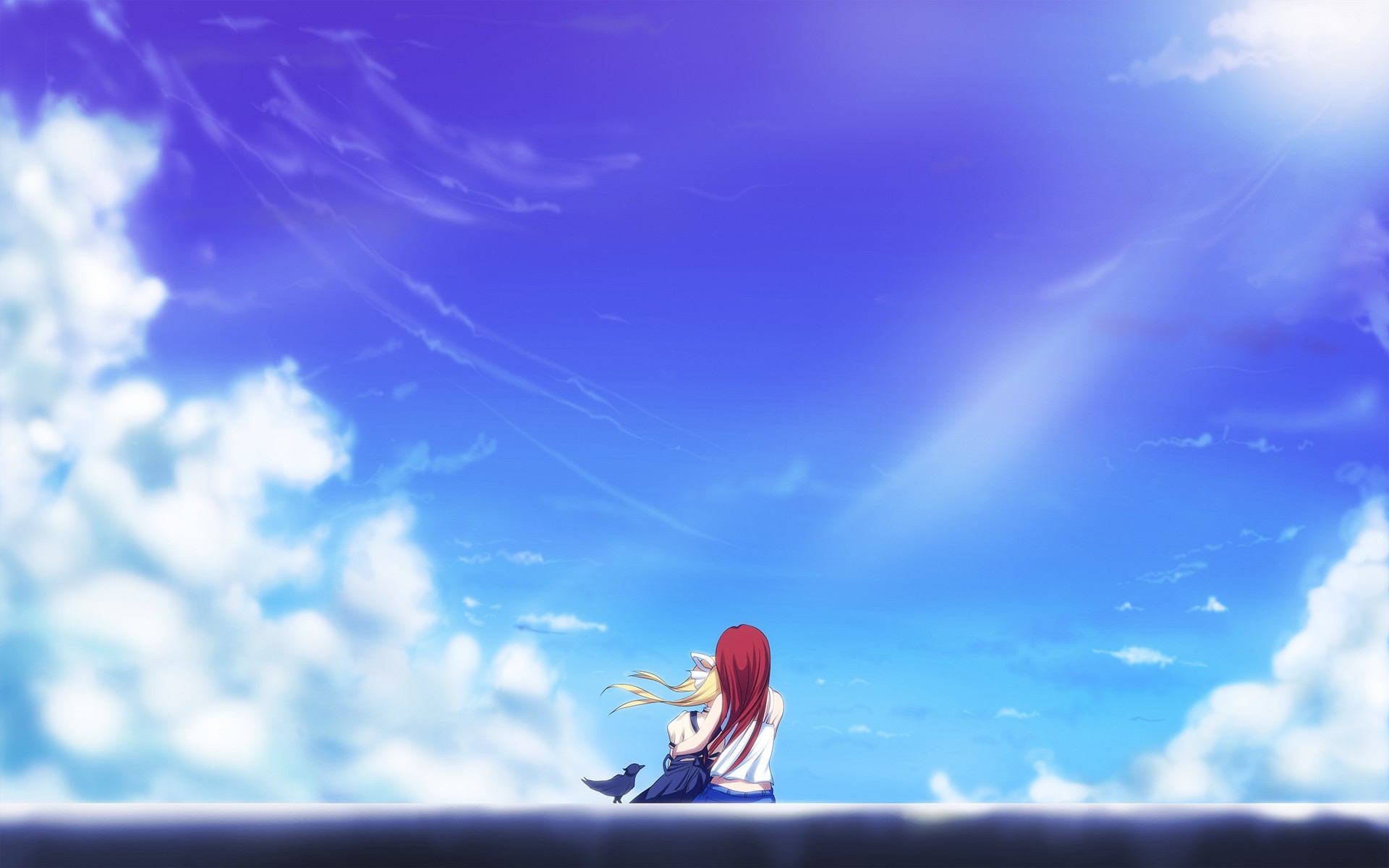 Anime girls and bird on a wall under the sky HD Wallpaper