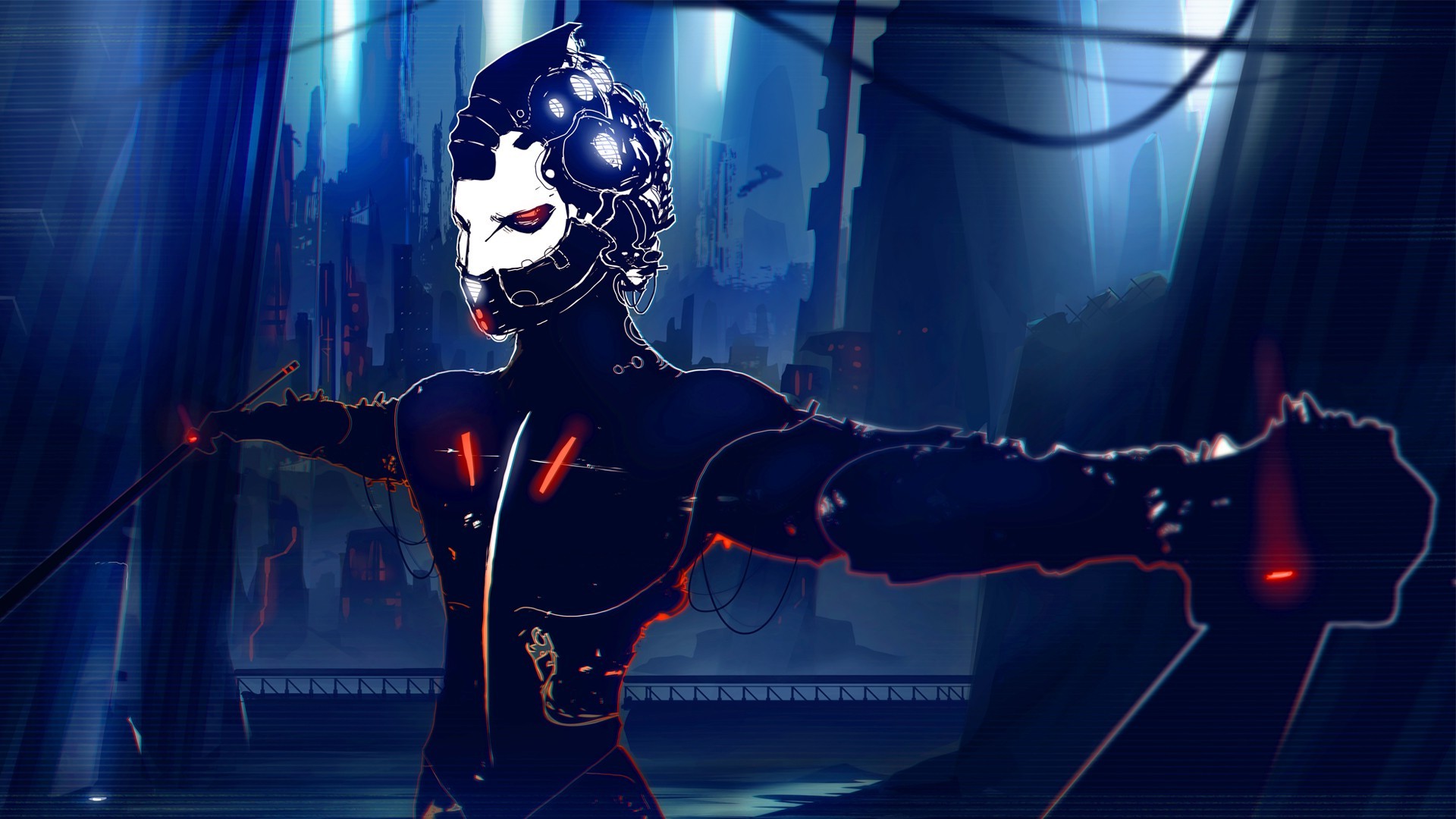 Cyborg warrior with glowing red accents in futuristic city HD Wallpaper