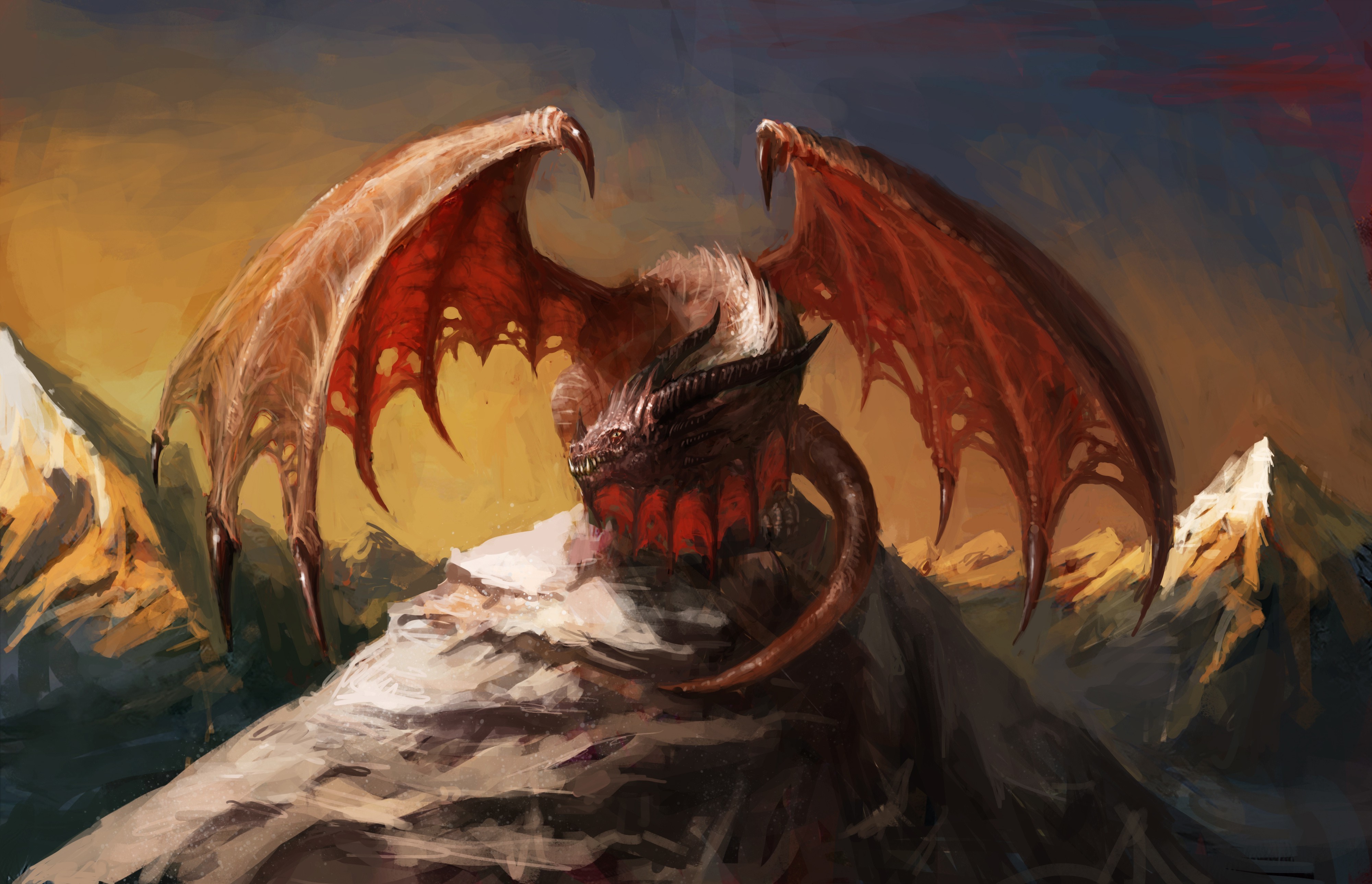 Dragon perched on a rocky peak with wings spread HD Wallpaper
