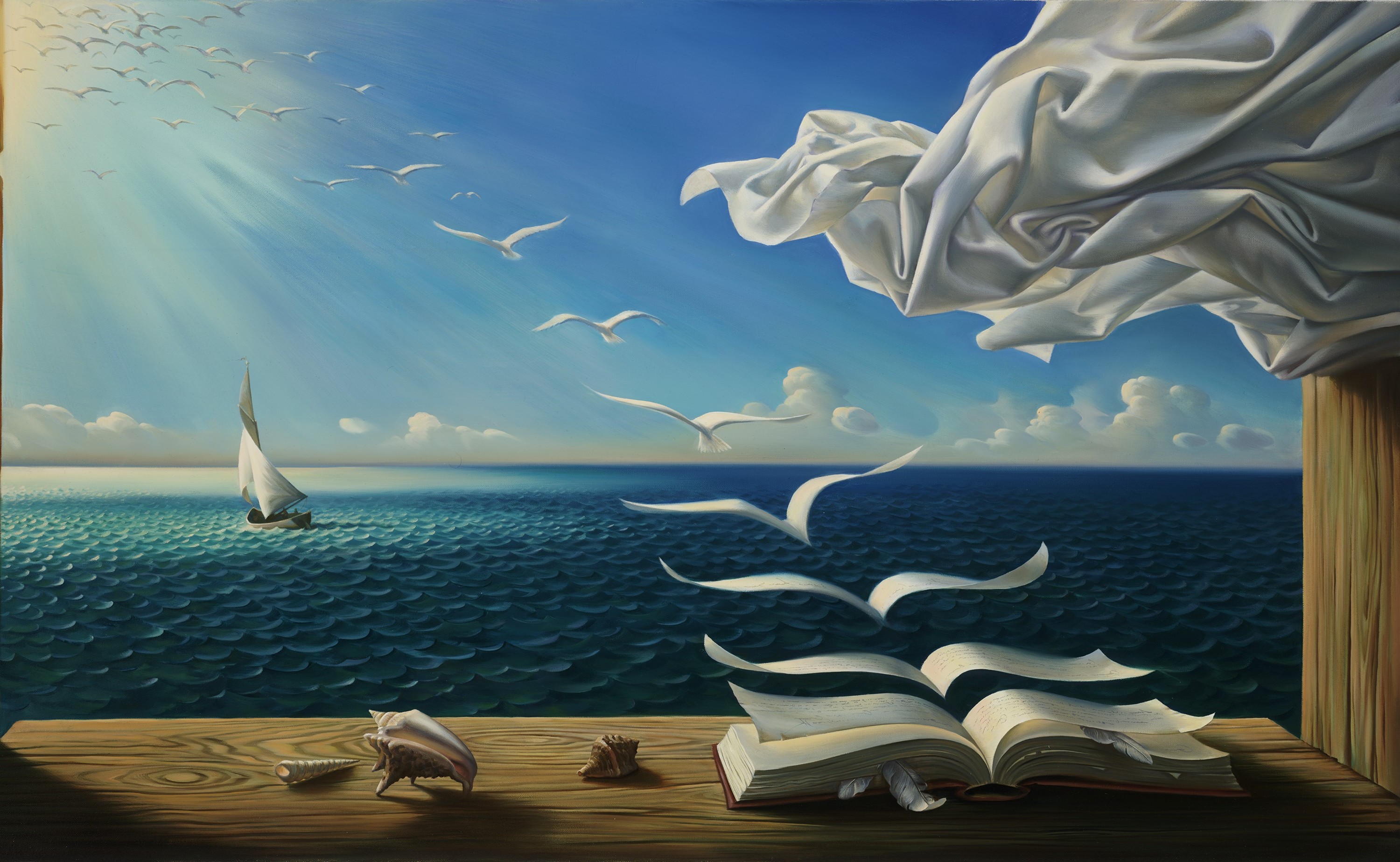 Surreal seascape with a sailboat, birds, and an open book HD Wallpaper
