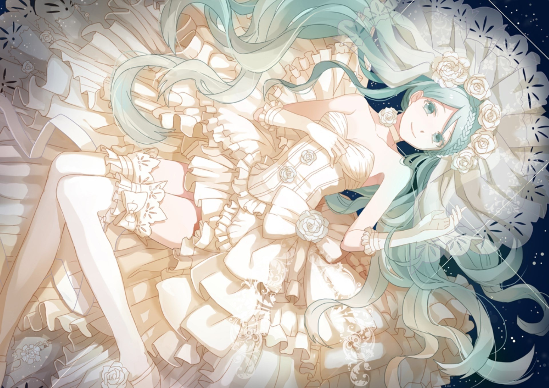 Anime girl in a white wedding dress with blue hair HD Wallpaper