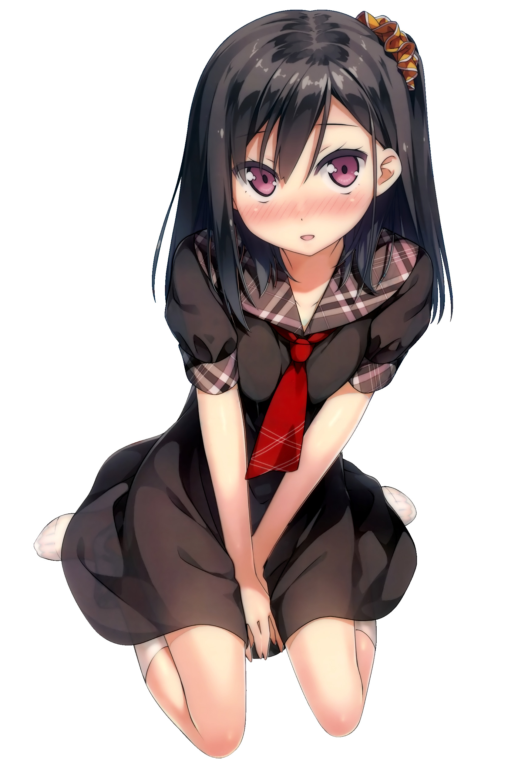 Anime girl with dark hair and red tie HD Wallpaper