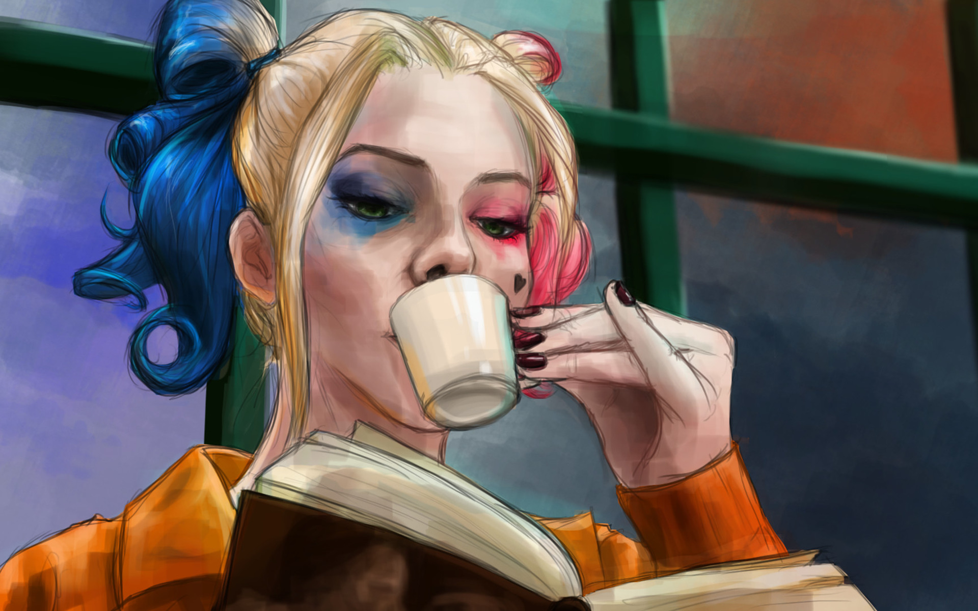 Harley Quinn from DC Comics drinking coffee HD Wallpaper