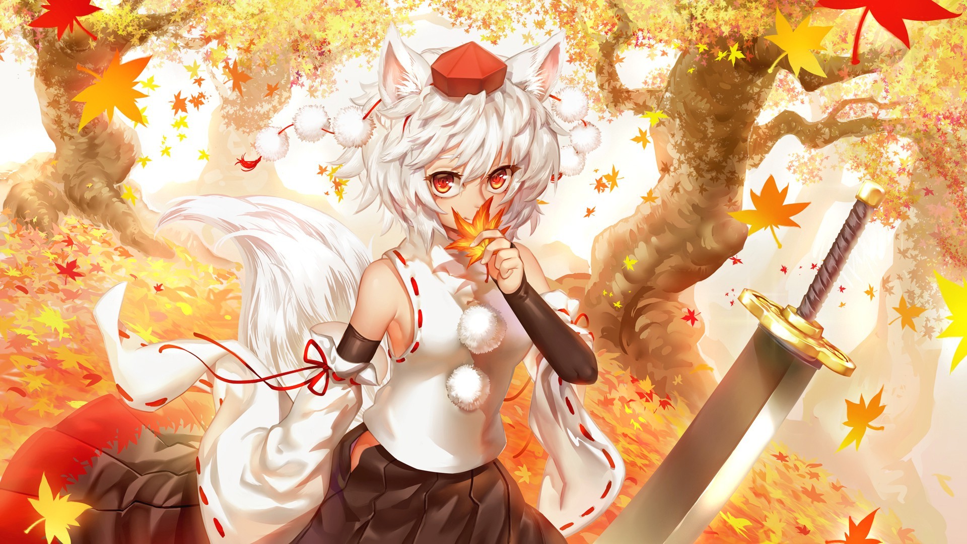 Momiji Inubashiri from Touhou holding a maple leaf HD Wallpaper