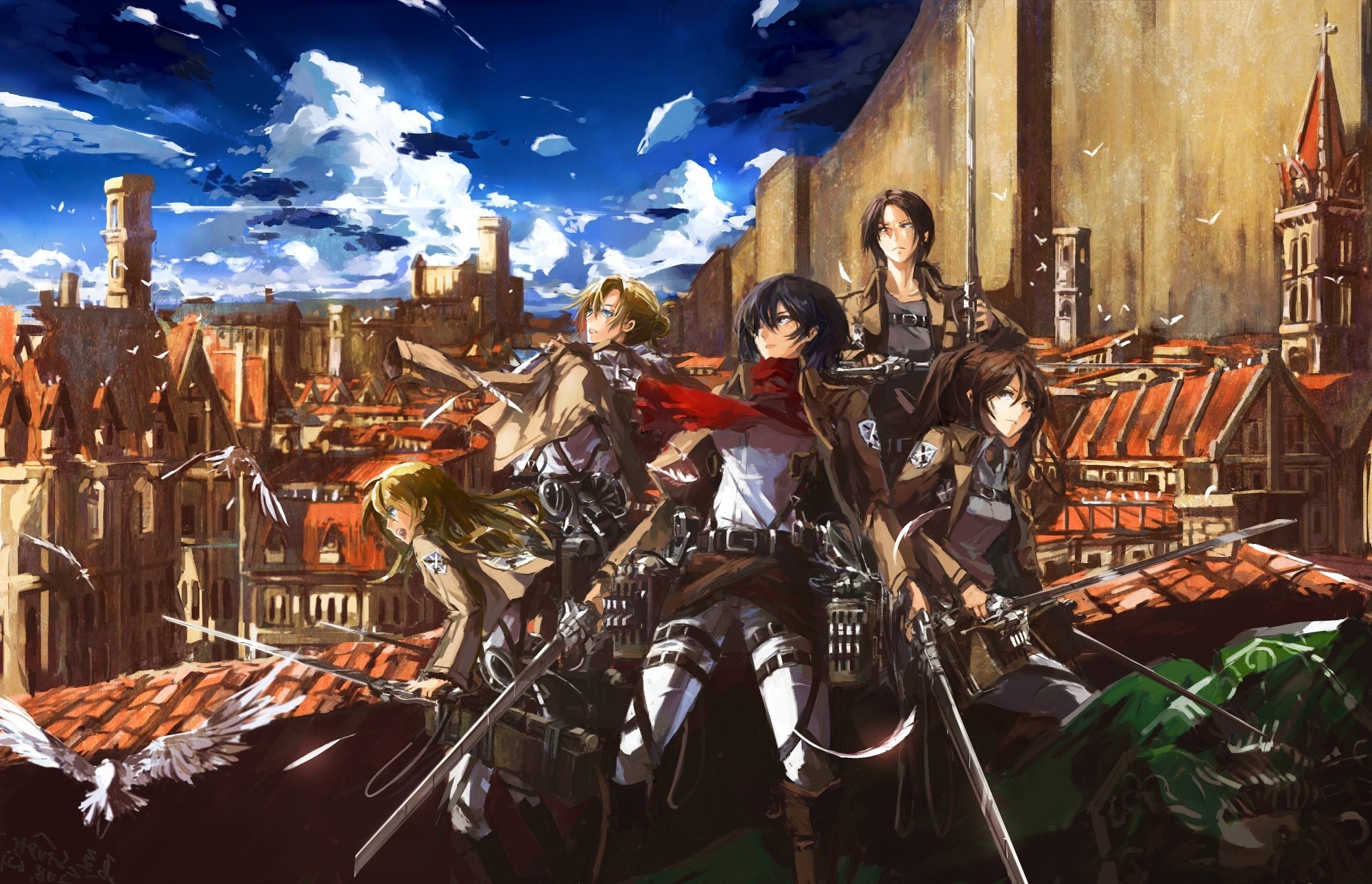 Attack on Titan characters on a rooftop HD Wallpaper
