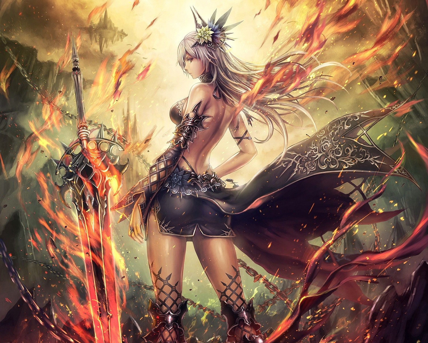Anime girl with flaming sword and armor HD Wallpaper