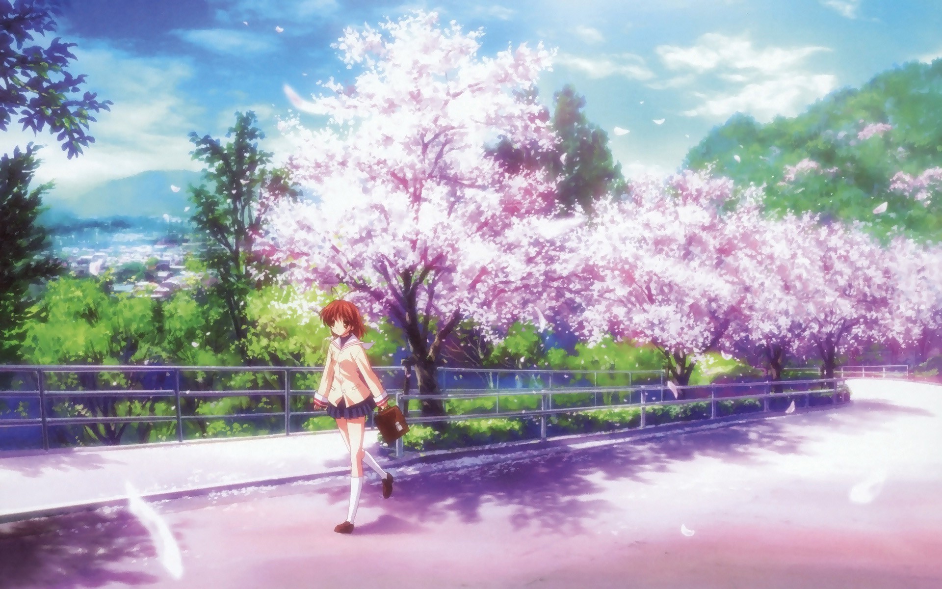 Nagisa Furukawa from Clannad walking under cherry blossoms HD Wallpaper
