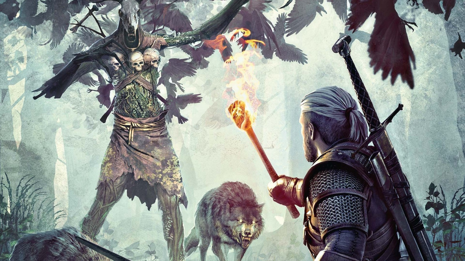 Geralt of Rivia fighting a Leshen with a wolf in The Witcher 3 HD Wallpaper