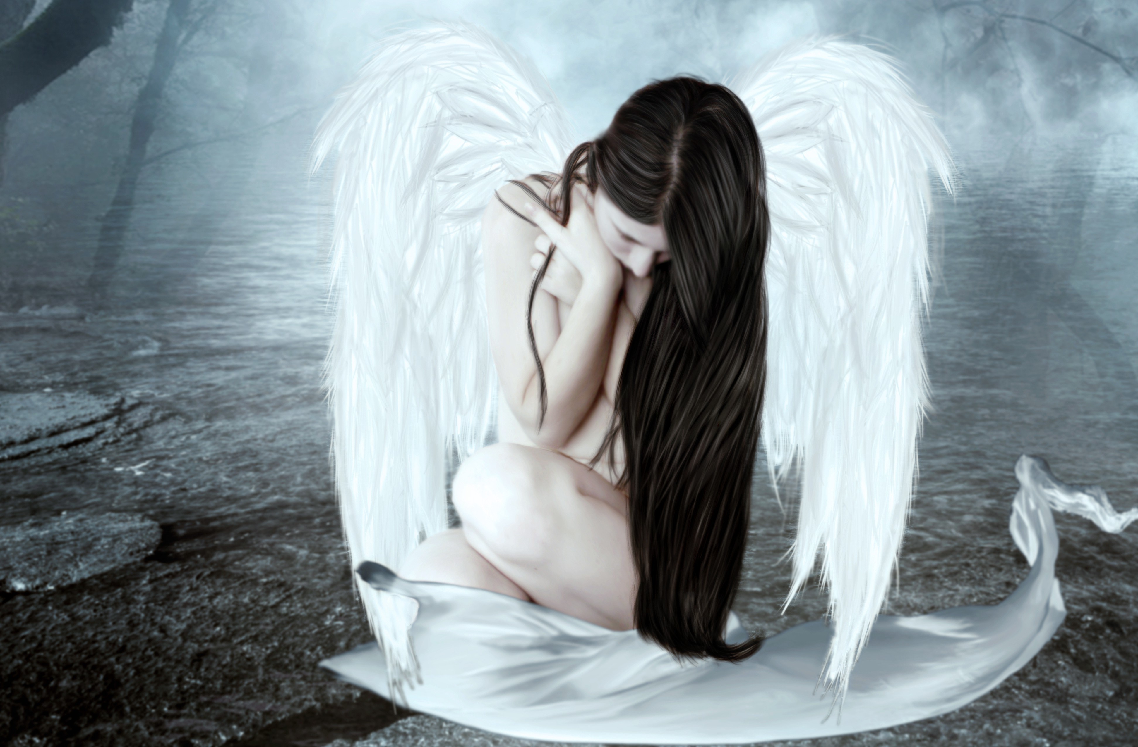 Sad angel woman with white wings HD Wallpaper