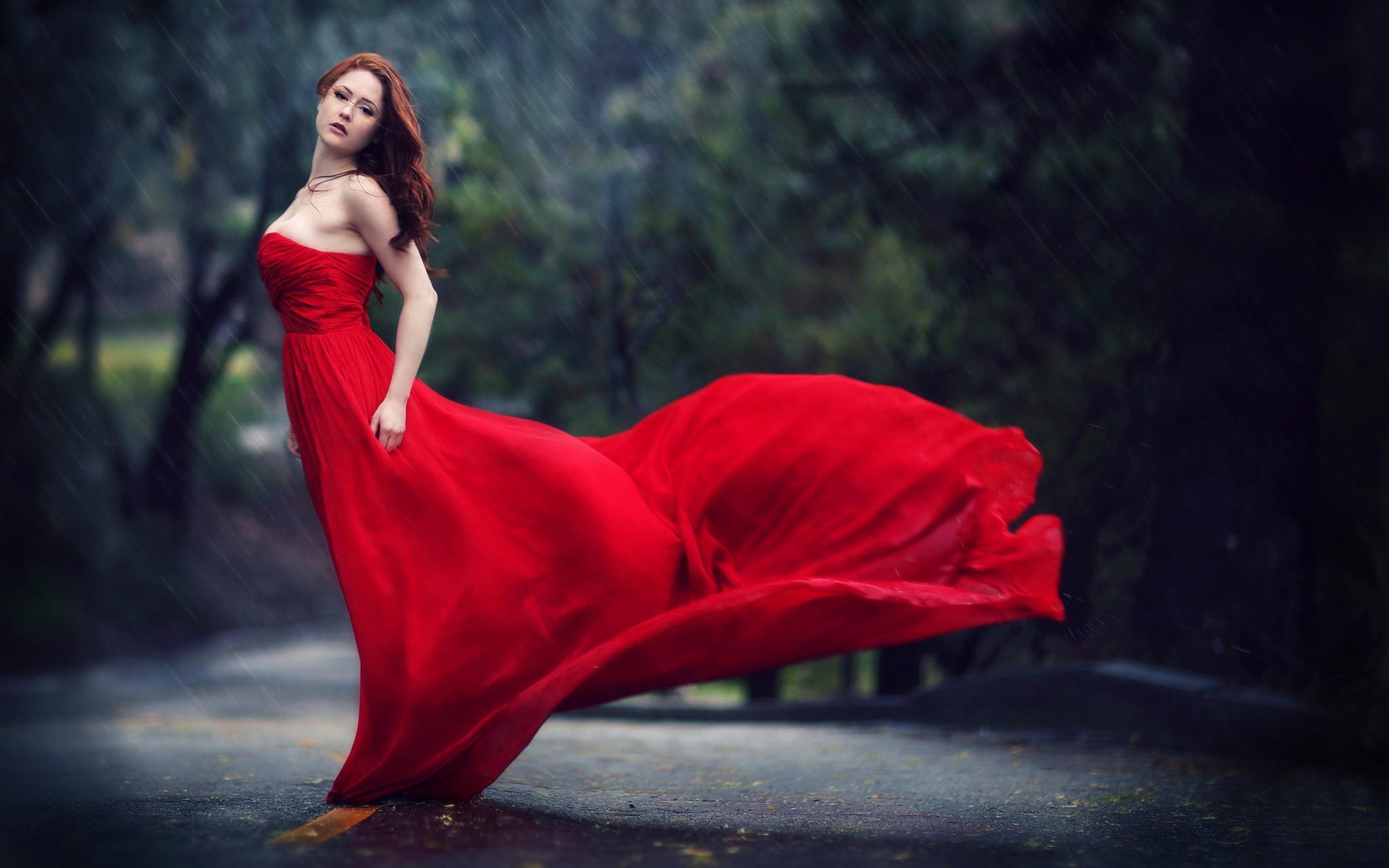 Woman in a red dress standing in the rain HD Wallpaper