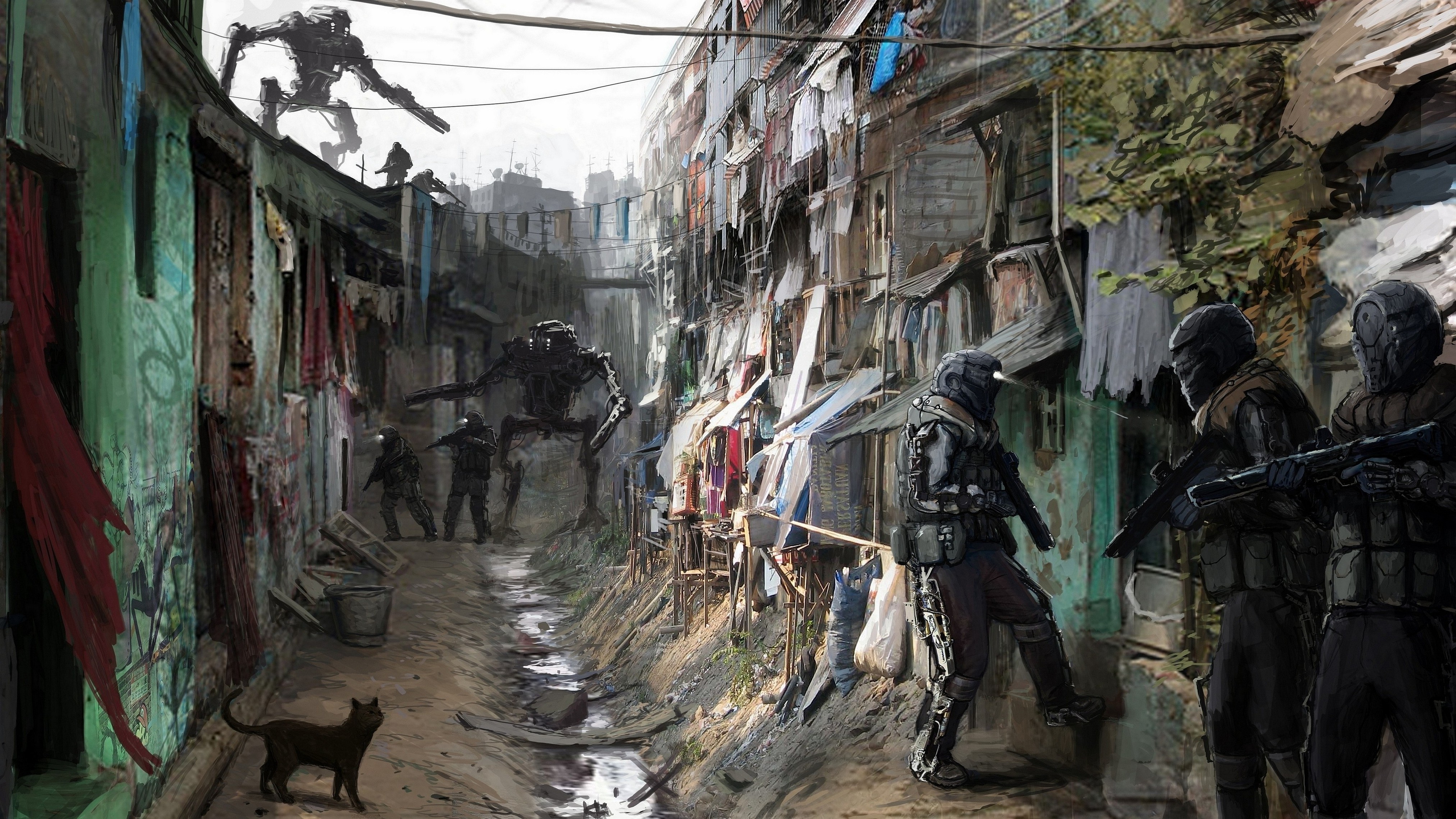 Futuristic soldiers and robots in a slum alley HD Wallpaper