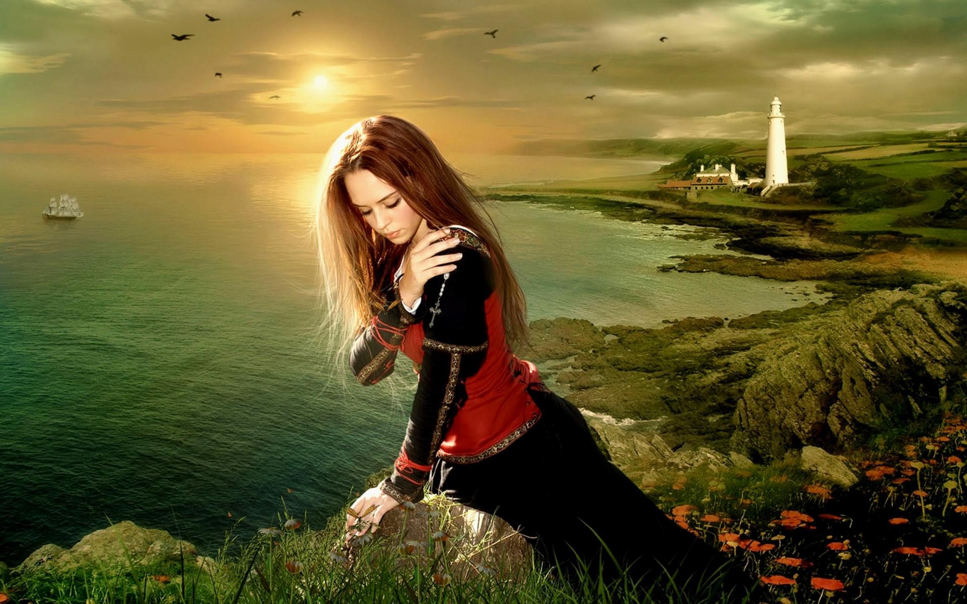 Woman in gothic dress by the sea with lighthouse HD Wallpaper