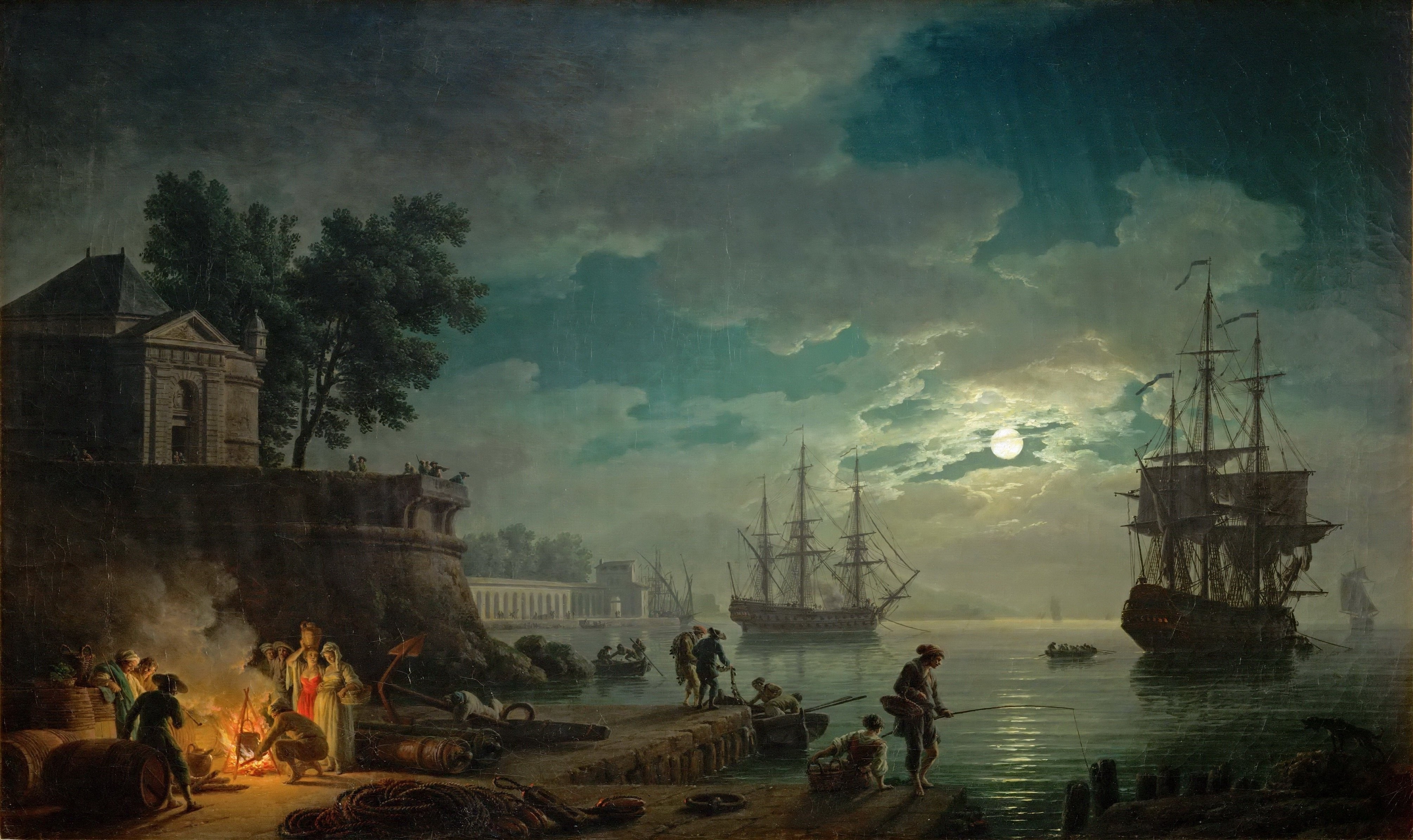 Night scene with ships and people by Claude Joseph Vernet HD Wallpaper