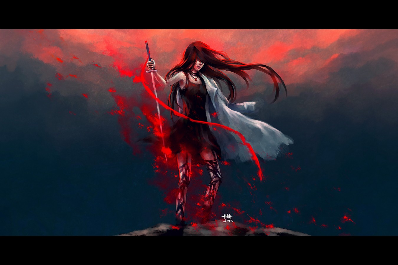 Woman with blood sword and long hair HD Wallpaper