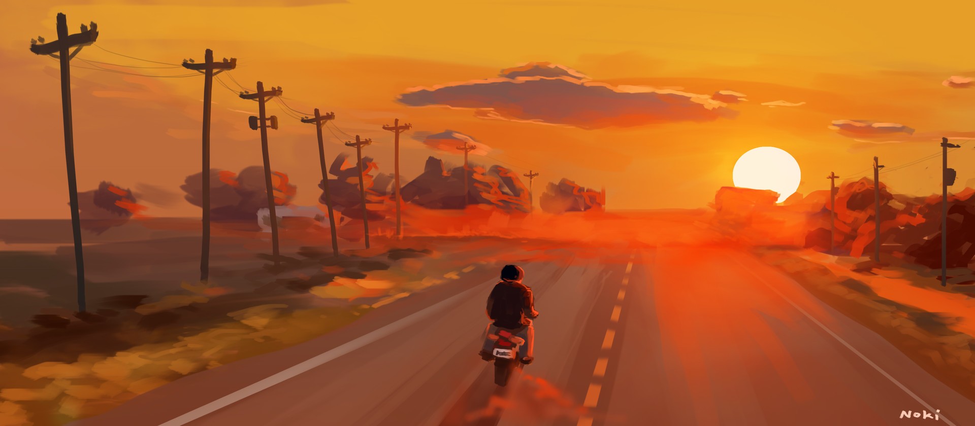 Person riding a scooter on a road at sunset HD Wallpaper