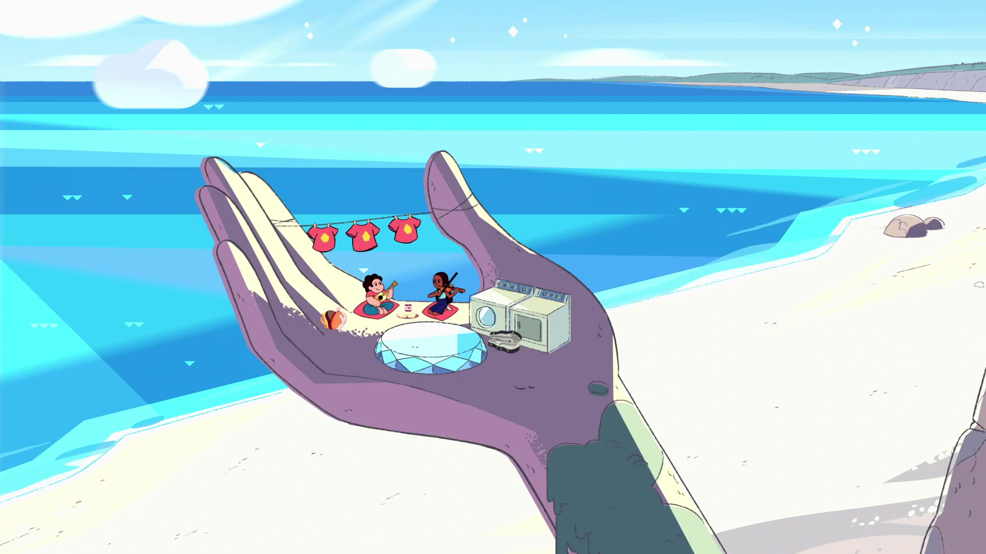 Steven Universe characters on a giant hand at the beach HD Wallpaper