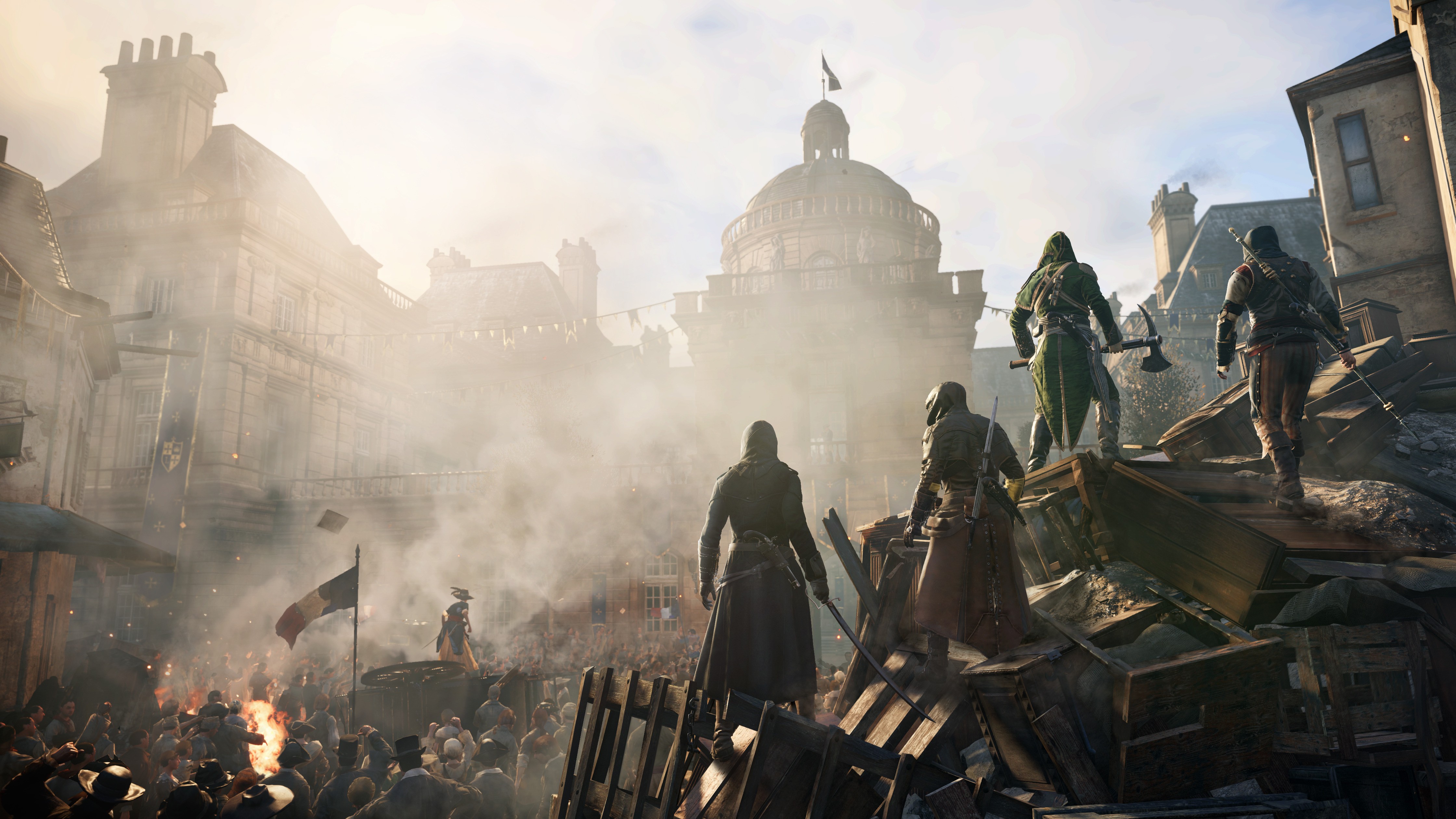 Assassins from Assassin's Creed Unity on a rooftop HD Wallpaper