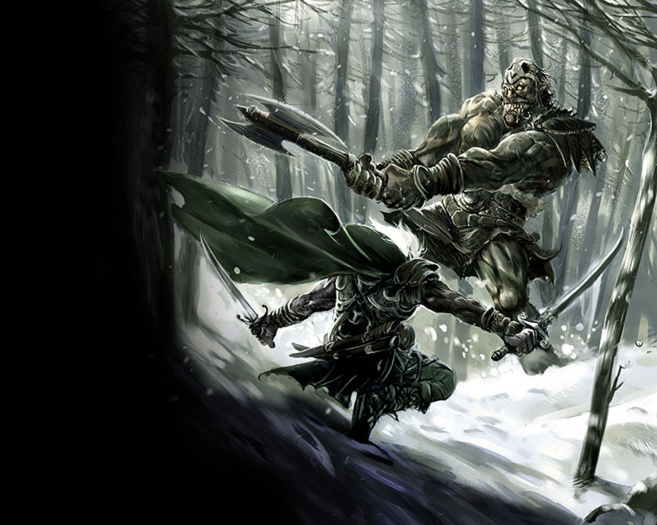 Fantasy warrior fighting a giant in a winter forest HD Wallpaper