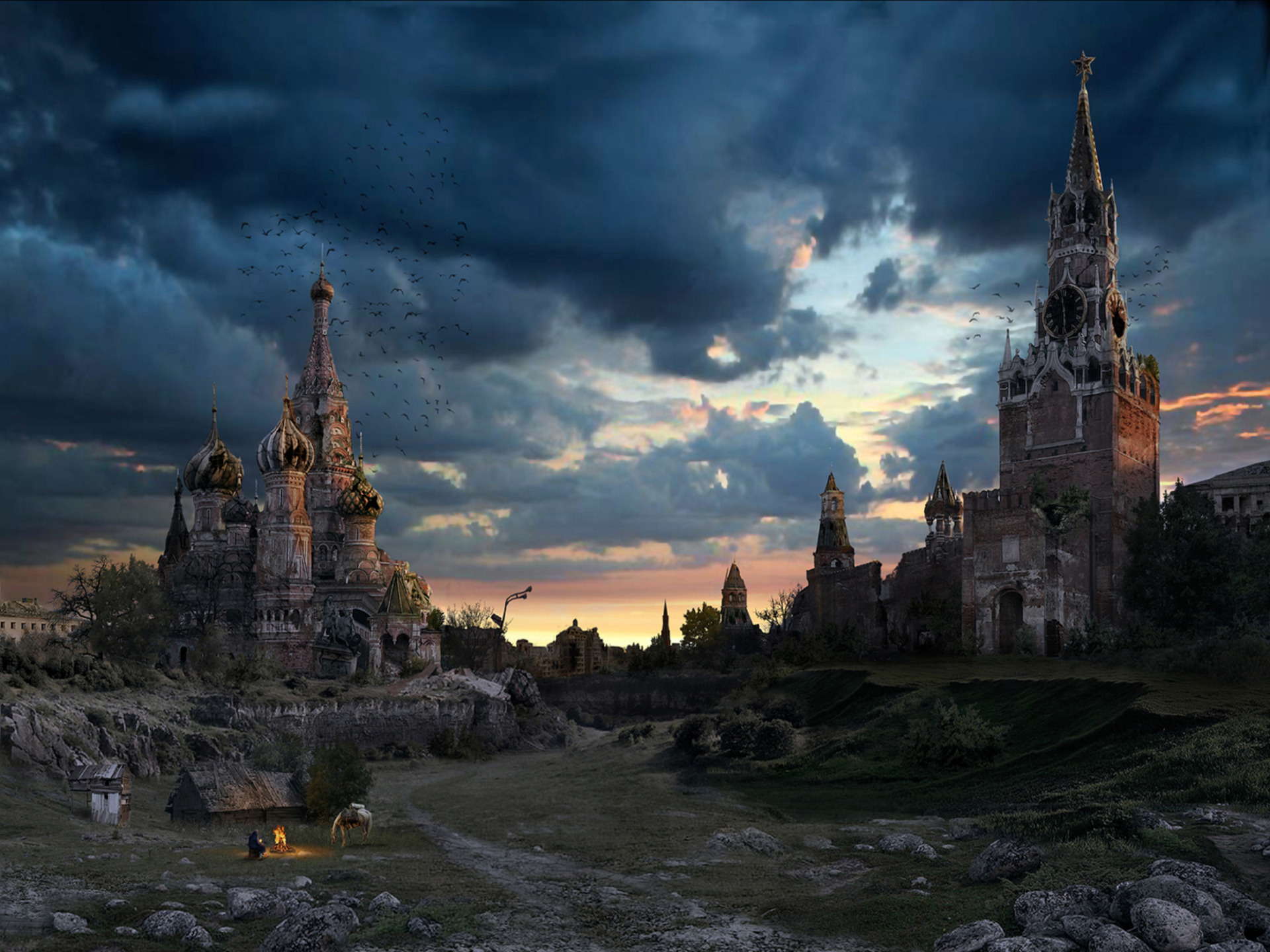 Apocalyptic ruins of Moscow, Russia with St. Basil's Cathedral and Kremlin HD Wallpaper