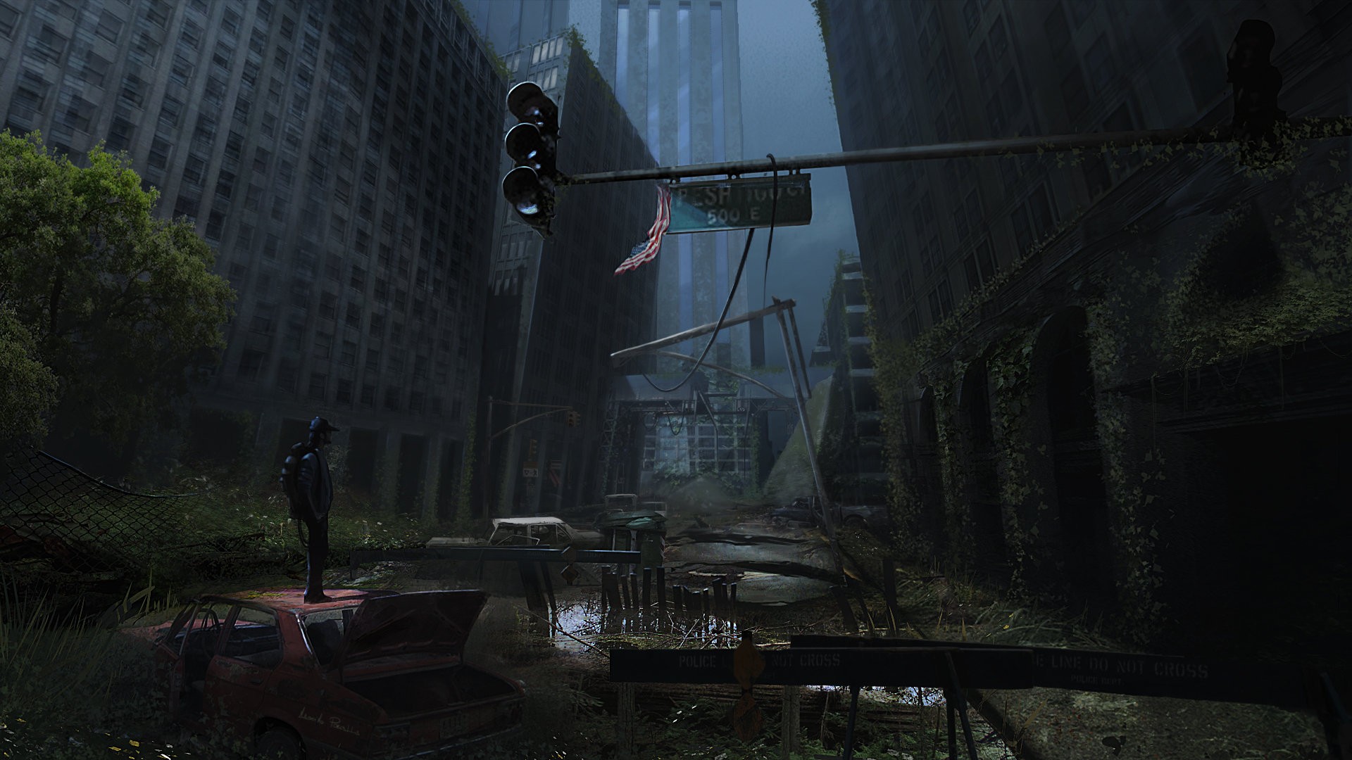 Apocalyptic City Ruins with a Lone Survivor HD Wallpaper