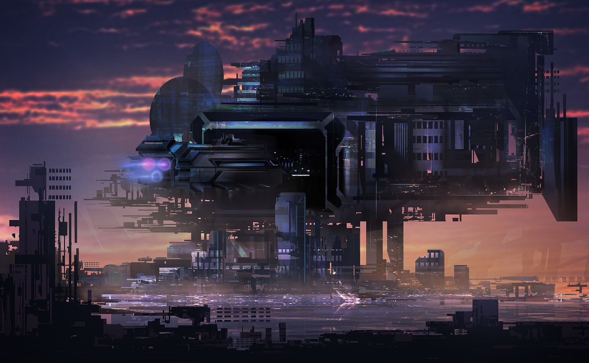 Futuristic city with complex architecture at sunset HD Wallpaper