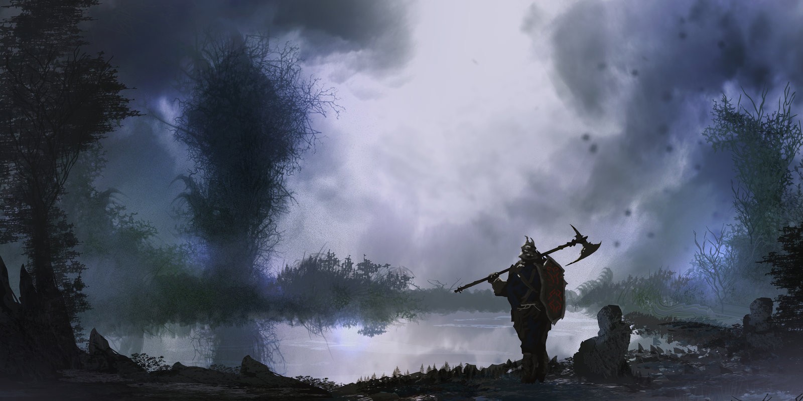 Warrior with axe by a misty lake under stormy clouds HD Wallpaper