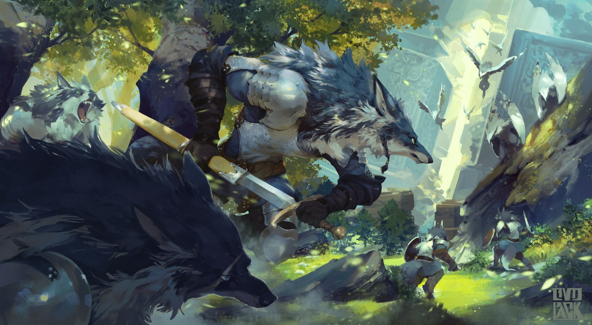 Anthro Wolf Warriors in Enchanted Forest Battle HD Wallpaper