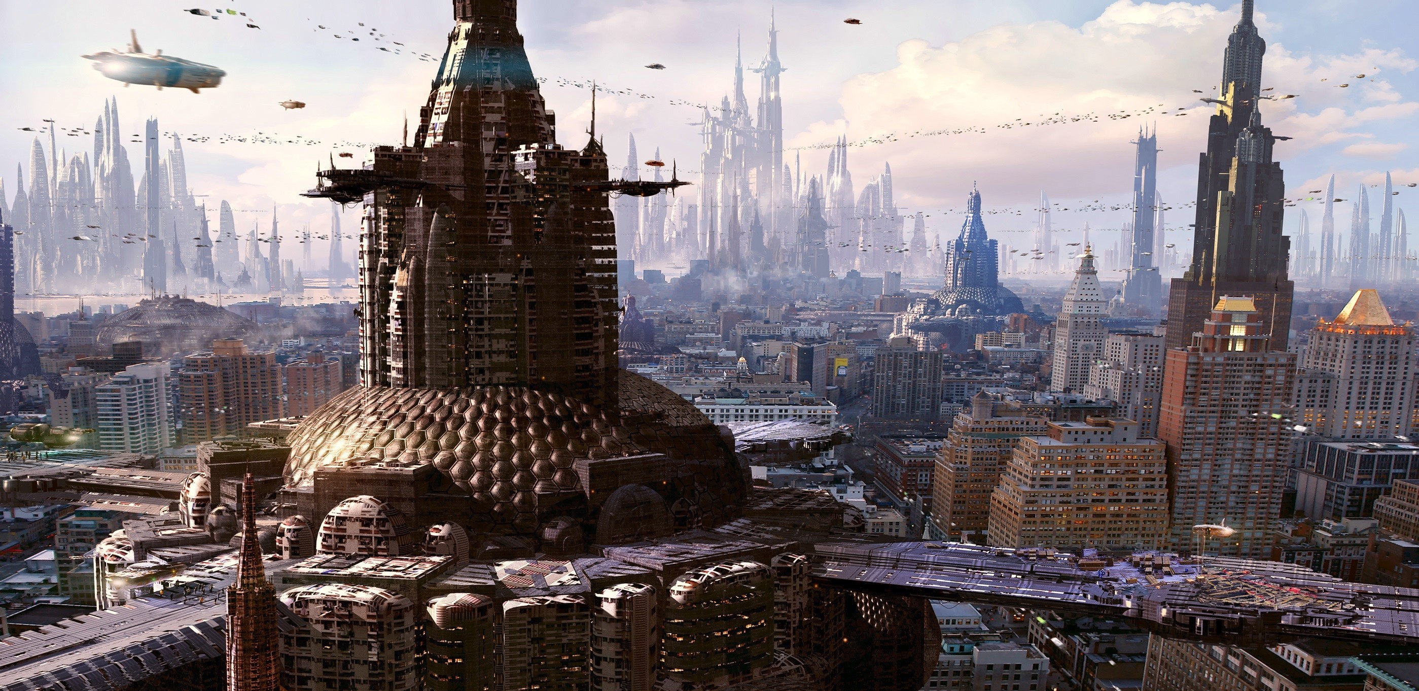 Futuristic city with flying vehicles and towering skyscrapers HD Wallpaper
