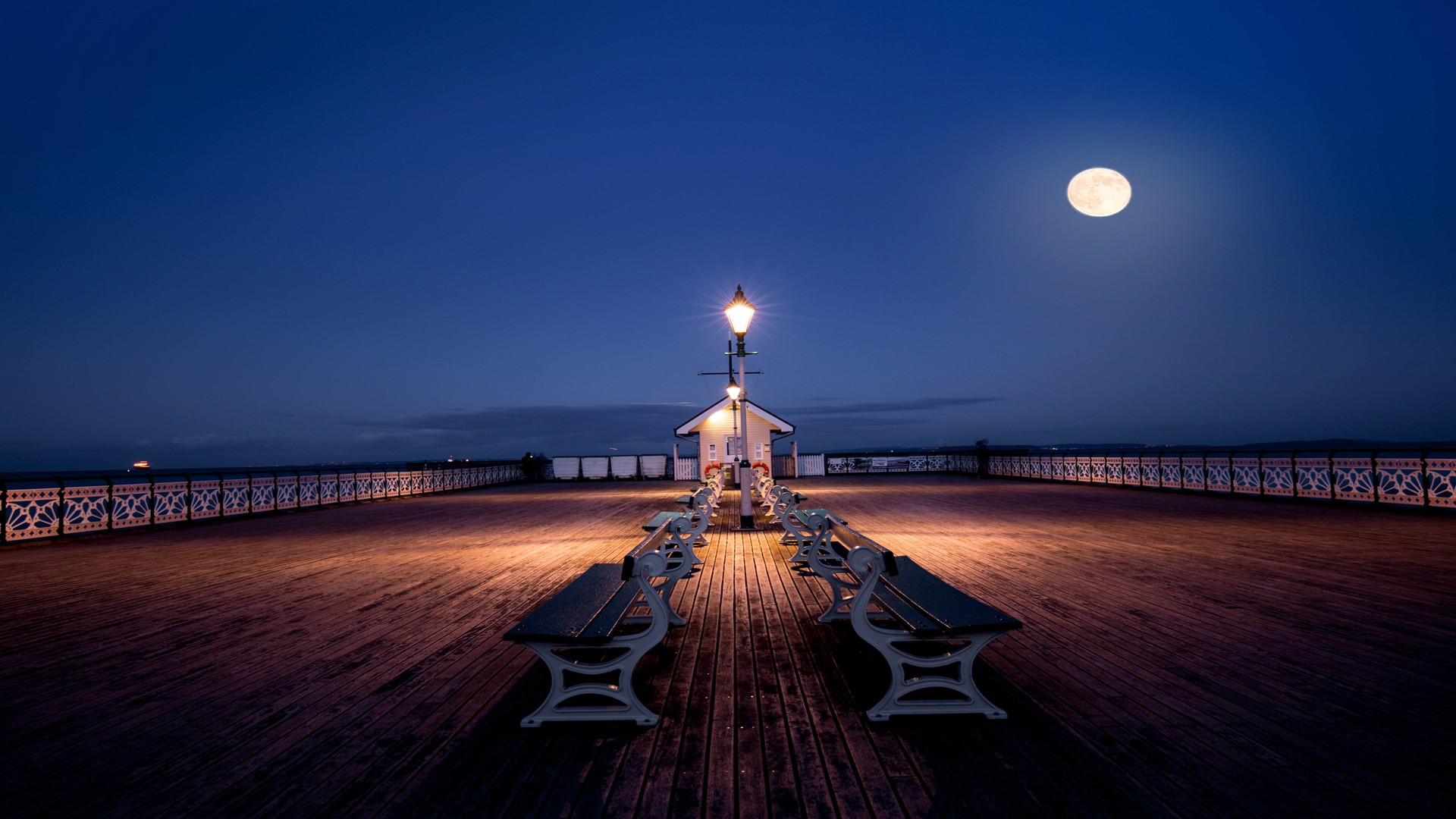 Moonlit Night on a Wooden Pier HD Wallpaper