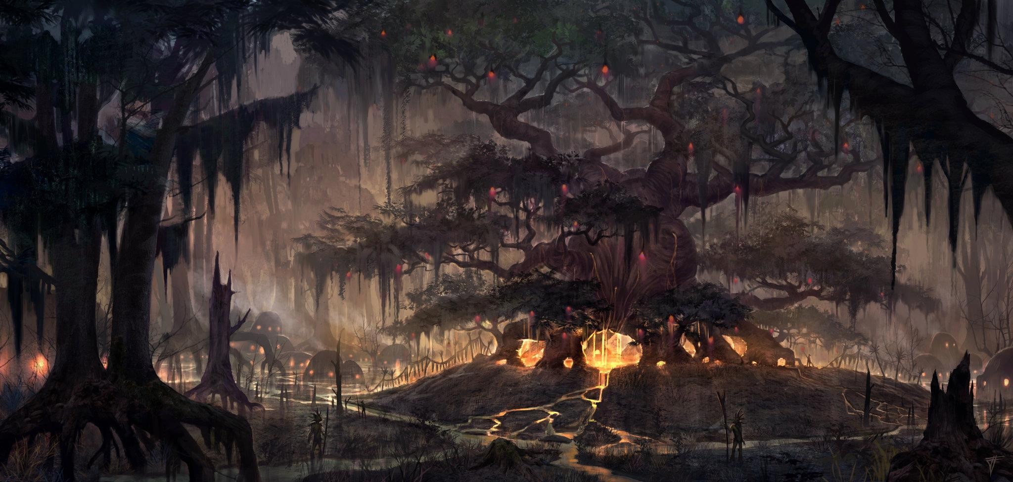 Fantasy swamp with glowing crystals and ancient trees HD Wallpaper