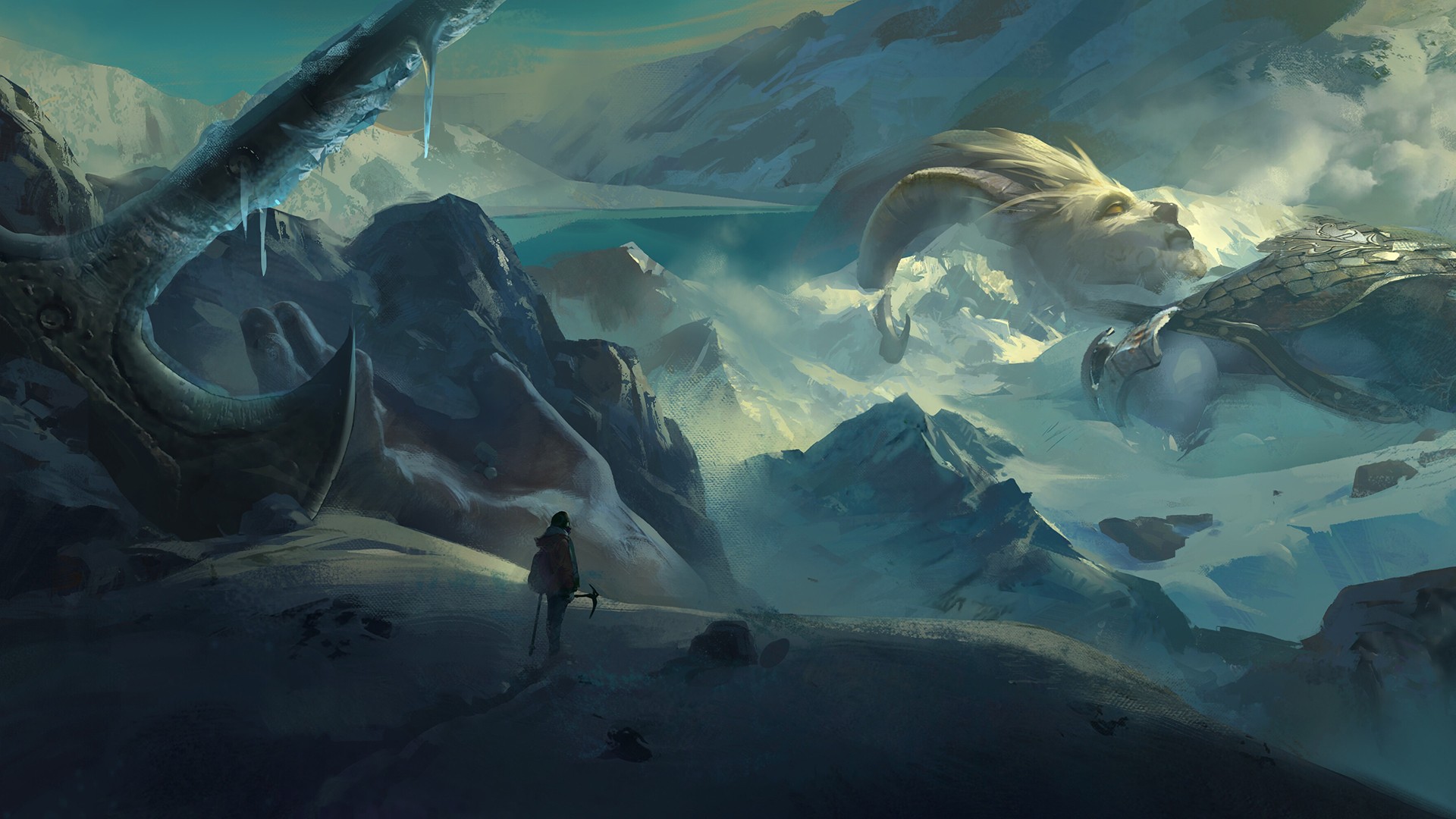 A lone explorer encounters a colossal icy dragon in a snowy mountain landscape HD Wallpaper