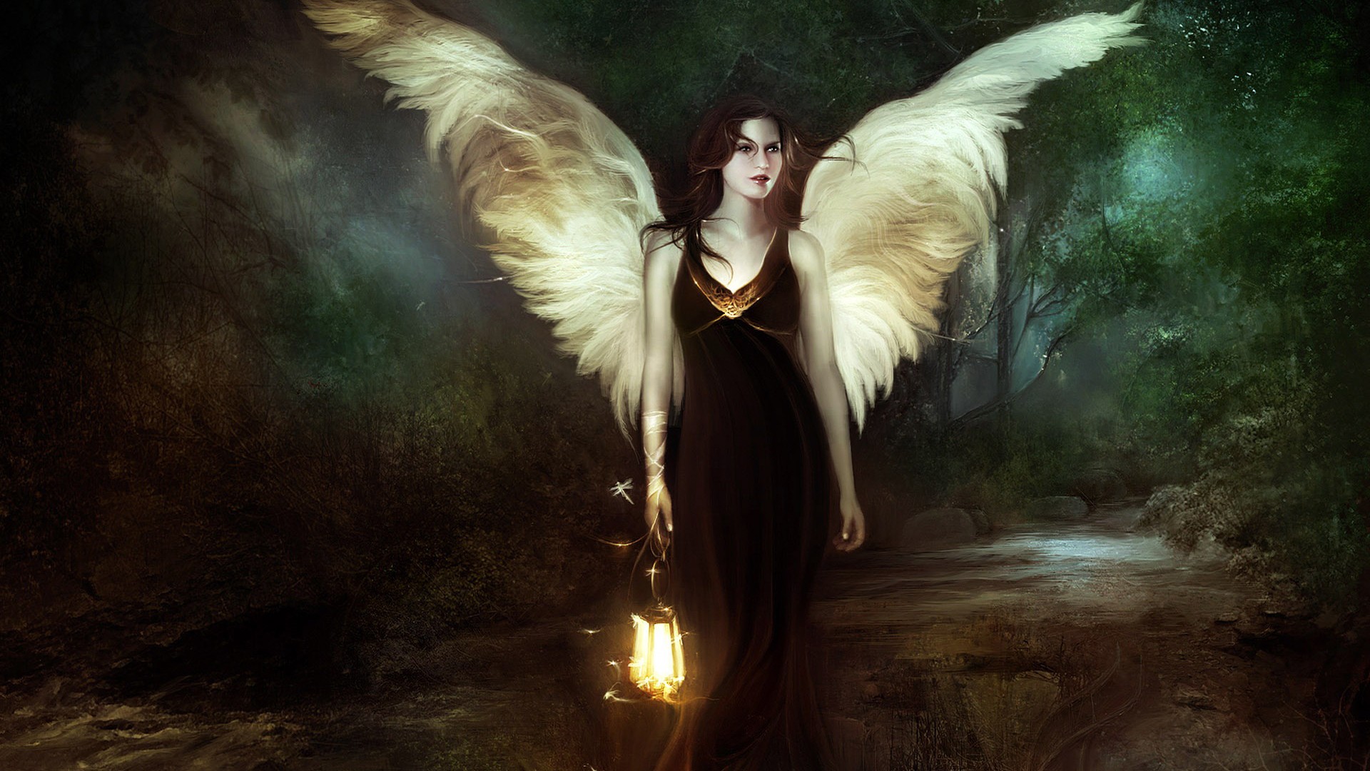 Fantasy angel with wings holding a lantern in a forest HD Wallpaper