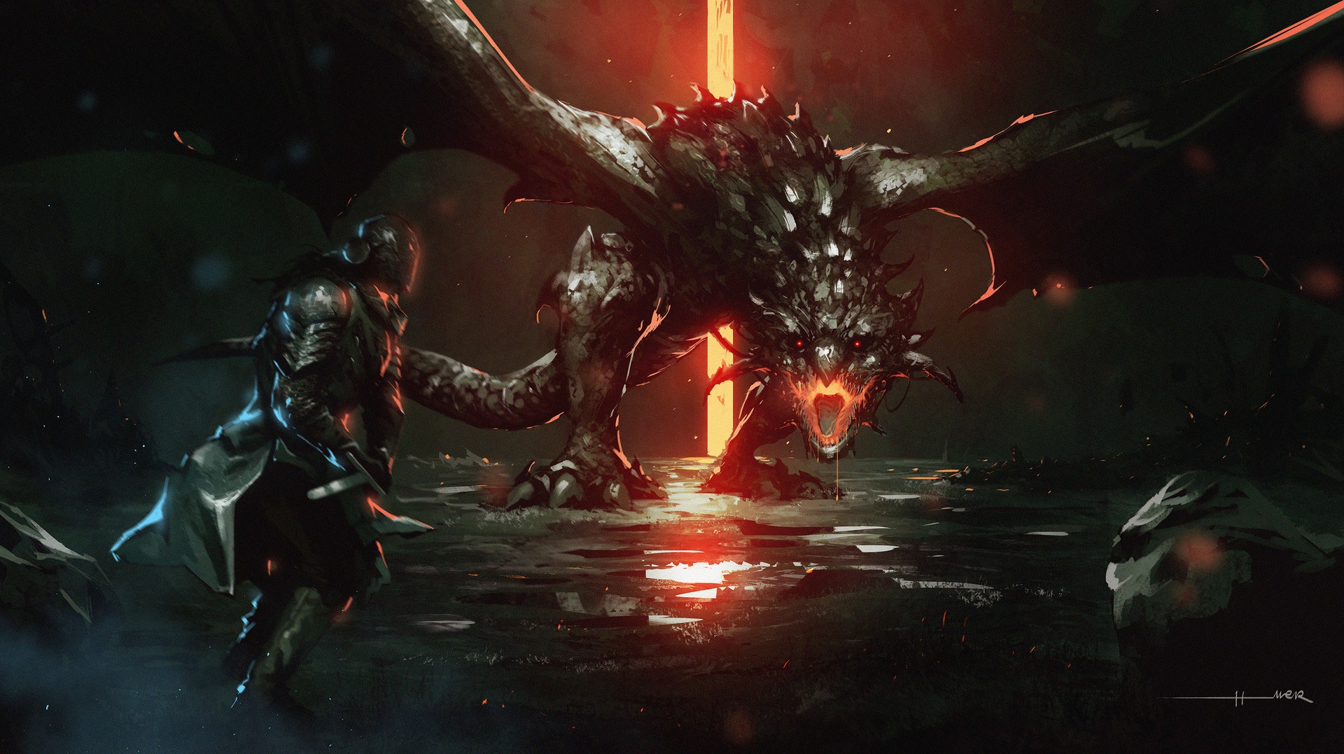 Knight facing a dragon in a dark fantasy setting HD Wallpaper