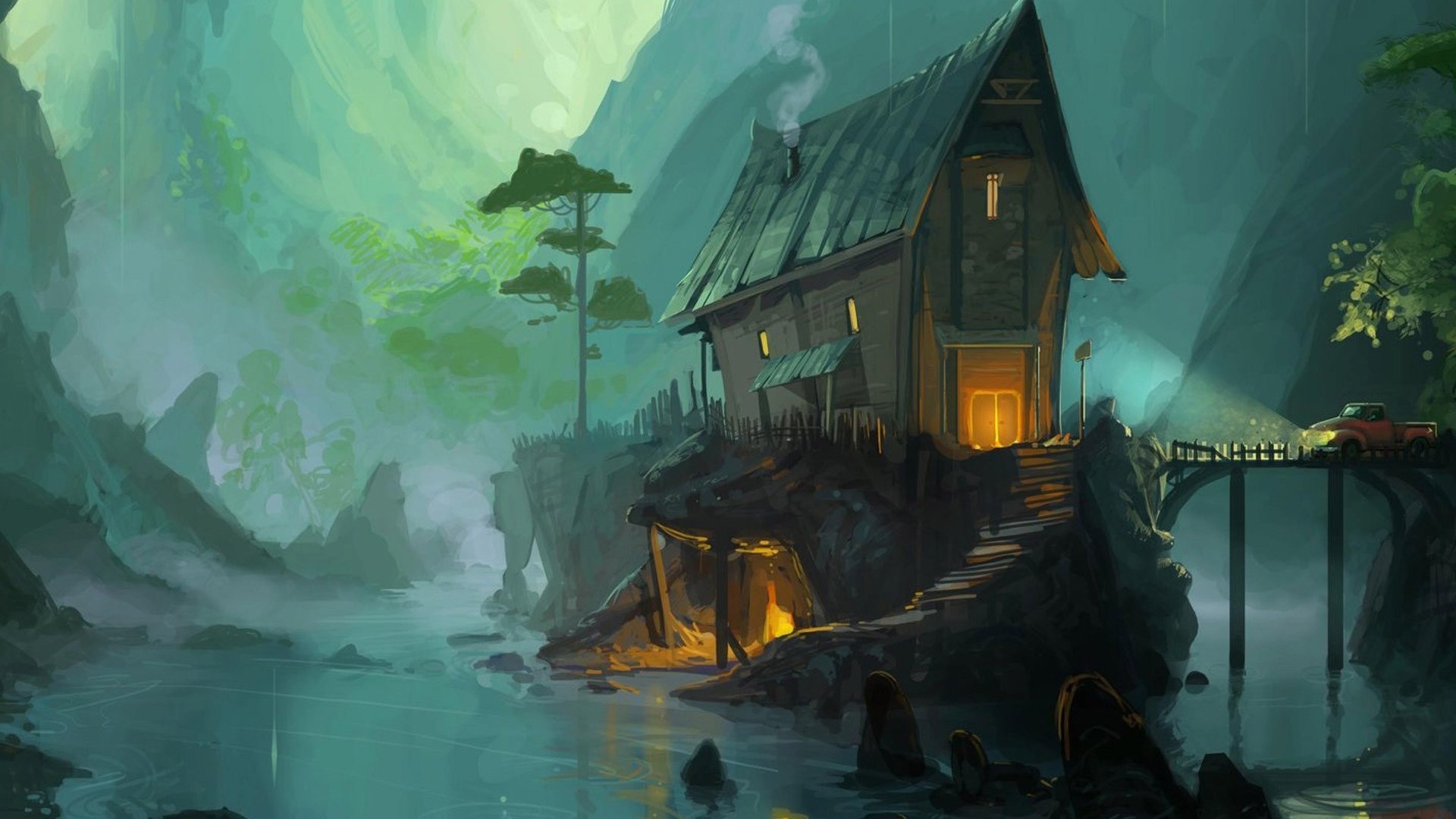 Fantasy house on a cliff by a river with a bridge and car HD Wallpaper