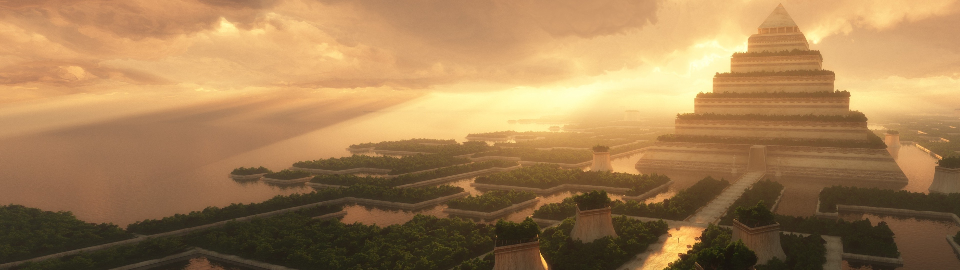 Fantasy art of a pyramid city at sunset HD Wallpaper