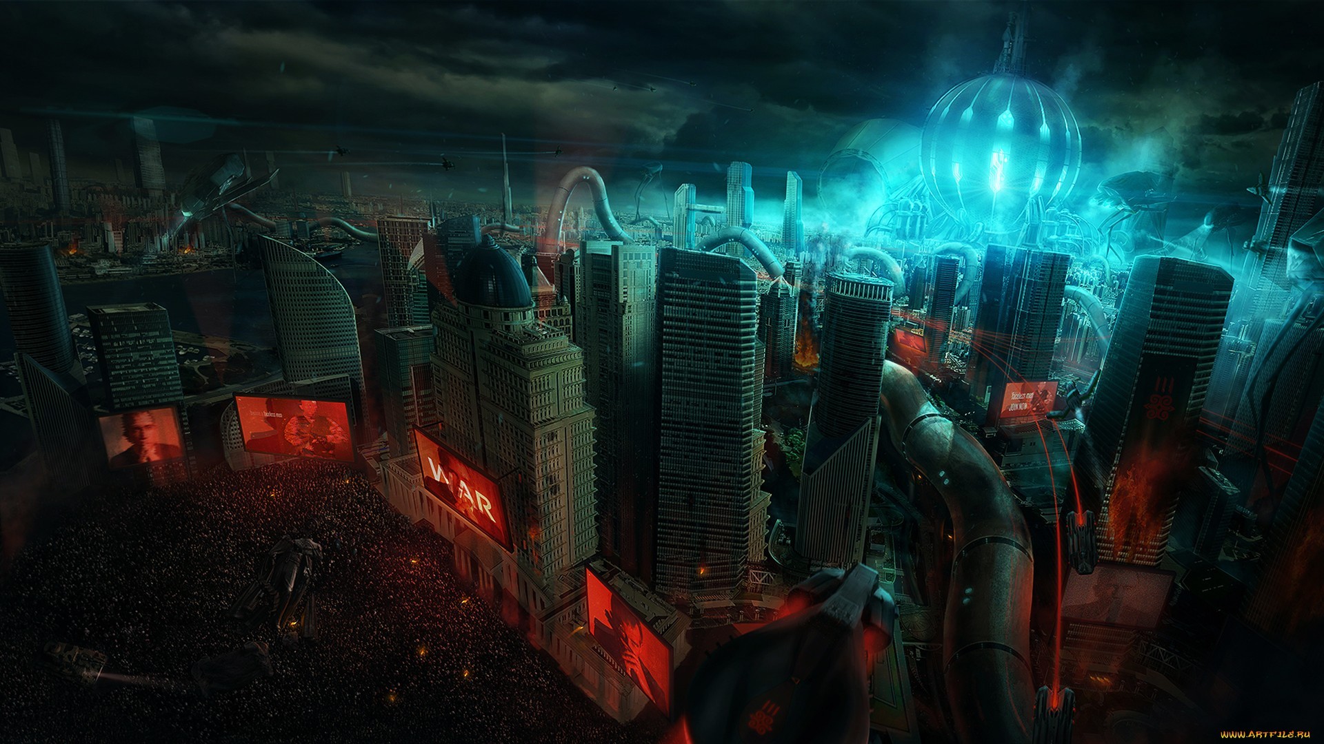 Futuristic city with war propaganda and alien technology HD Wallpaper