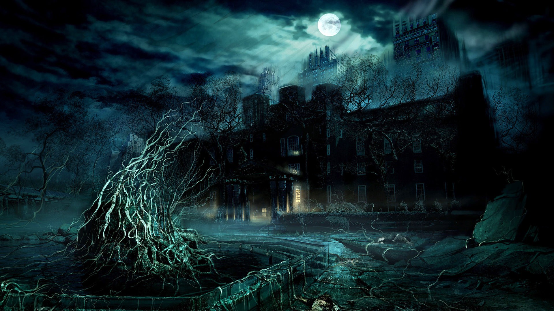 Creepy haunted mansion with gnarled trees under moonlight HD Wallpaper