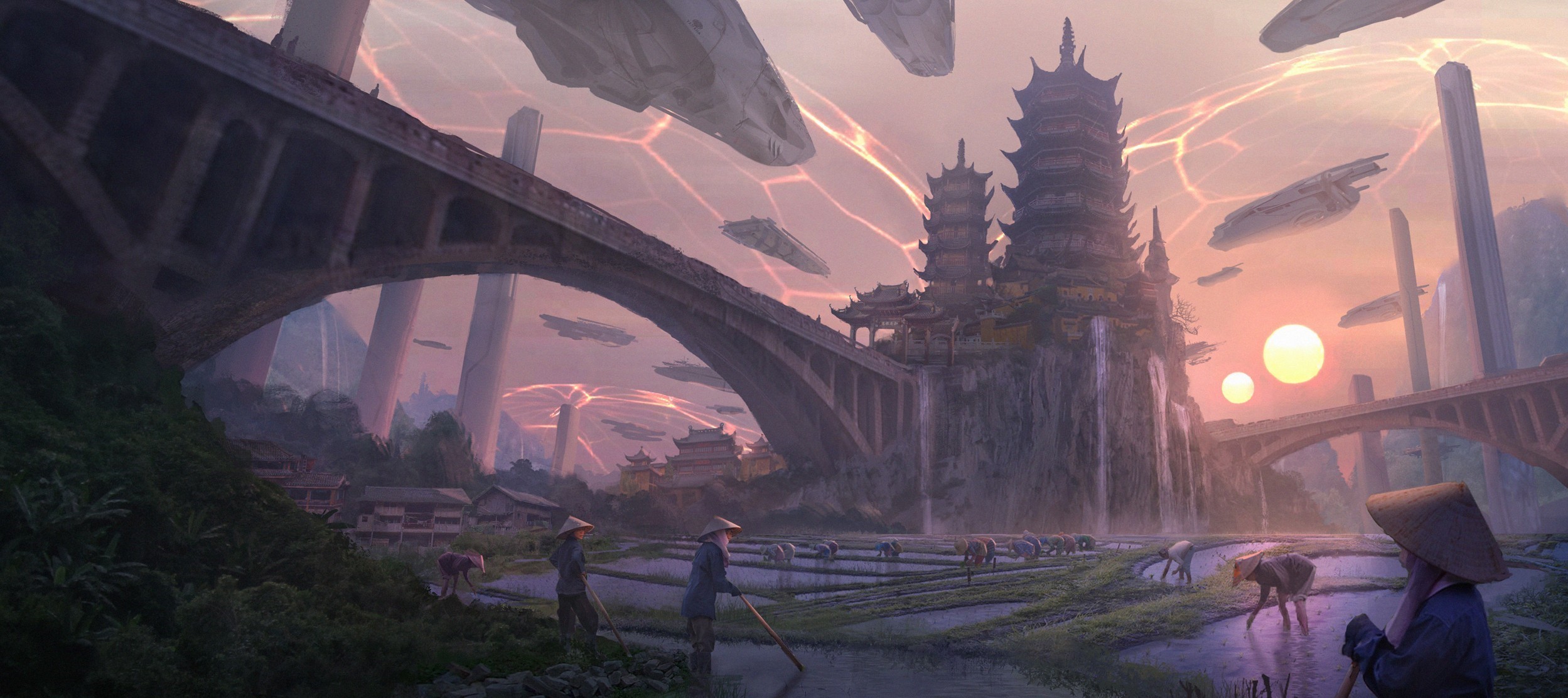 Futuristic Asian city with rice paddies and flying vehicles HD Wallpaper