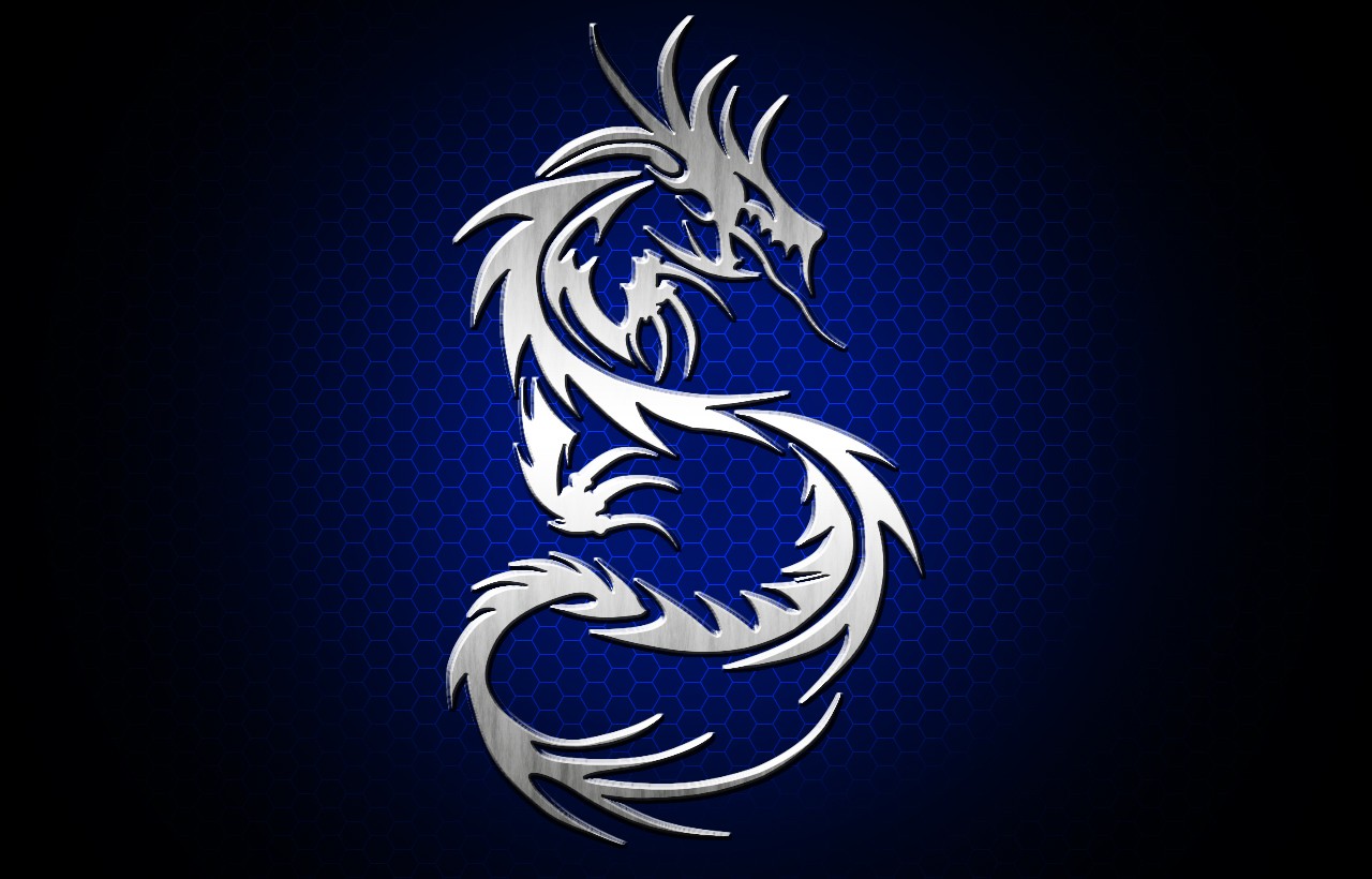 Silver tribal dragon on a blue hexagonal background HD Wallpaper