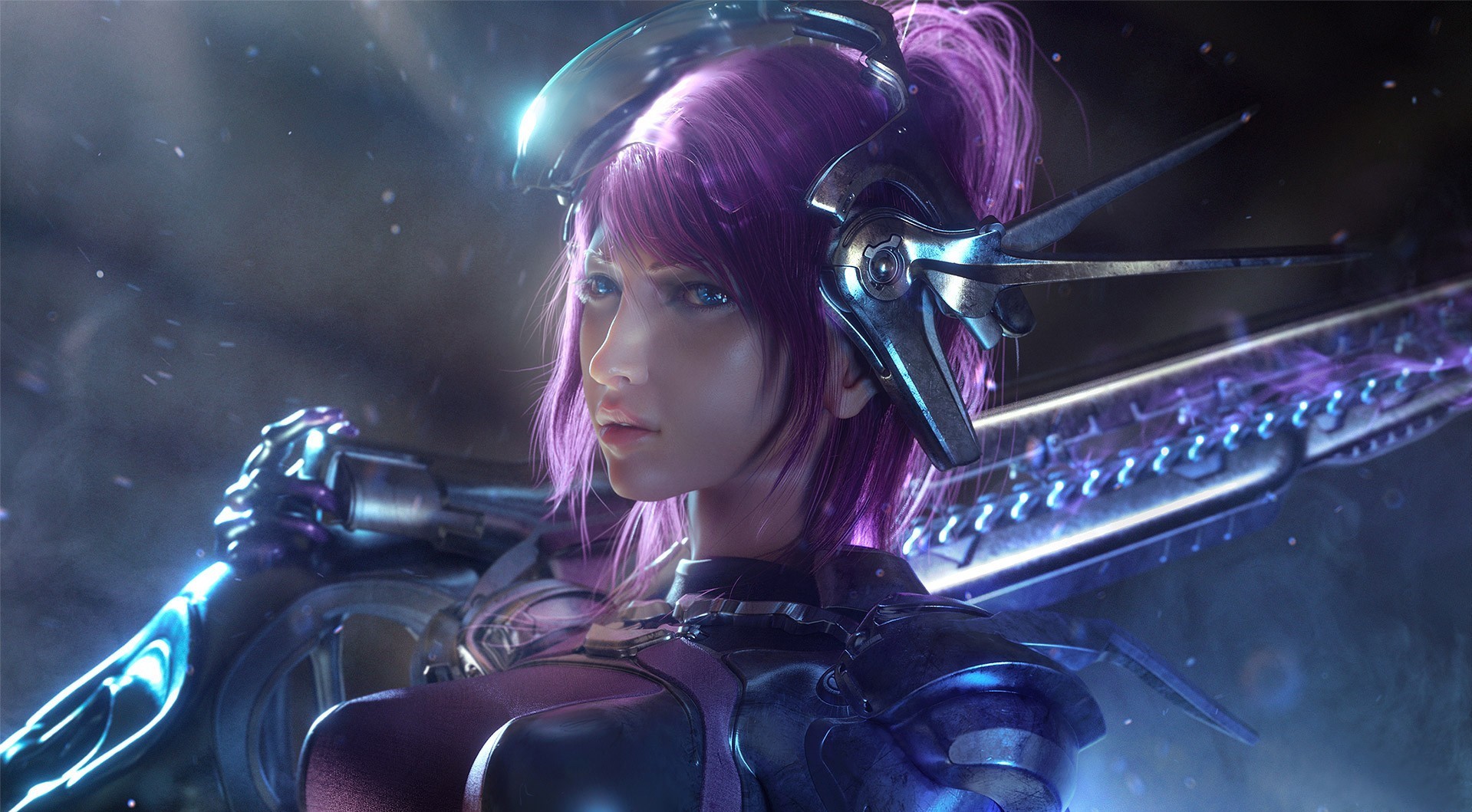 Fantasy warrior woman with purple hair and futuristic armor HD Wallpaper