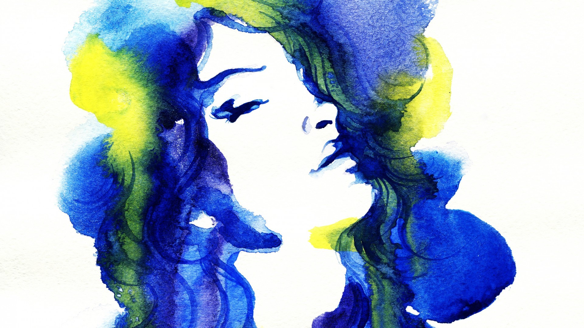 Watercolor painting of a woman's face with blue and yellow hair HD Wallpaper