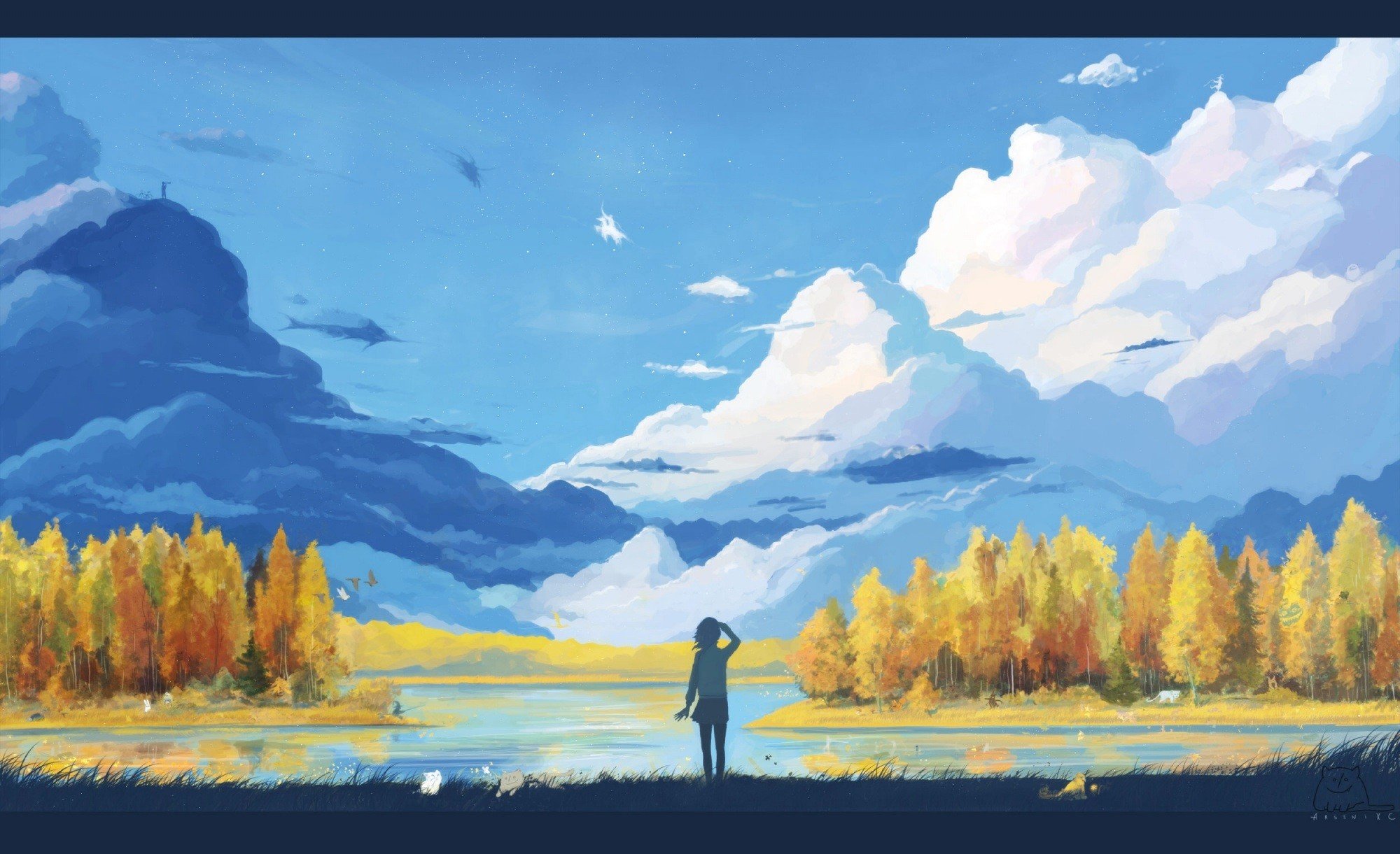 Anime landscape with a person looking at clouds and trees HD Wallpaper