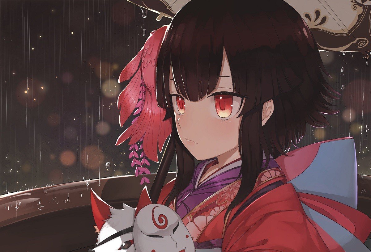 Anime girl in kimono holding a fox mask in the rain HD Wallpaper